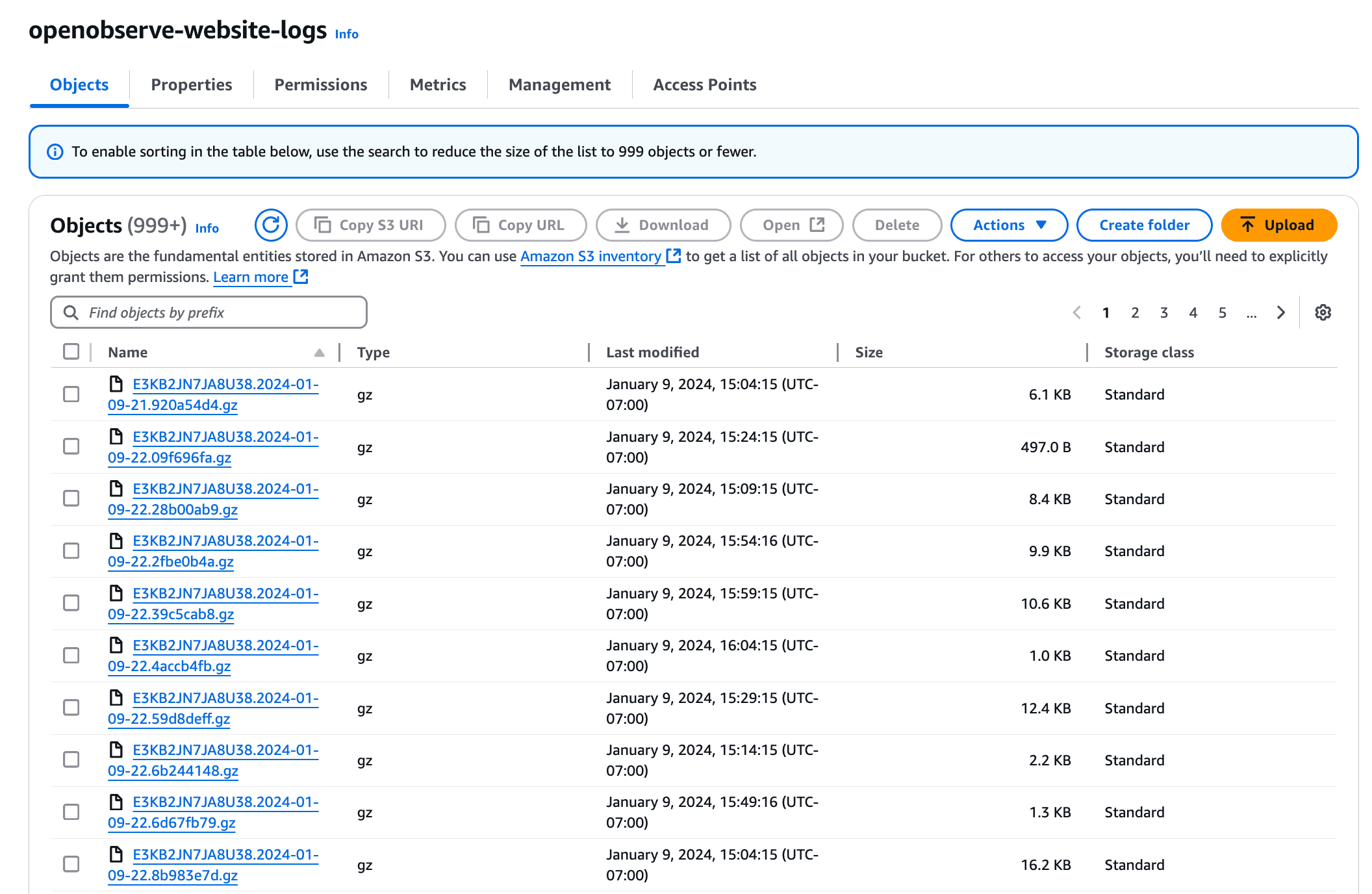 Amazon S3 bucket view displaying stored CloudFront logs, each file listed with size, timestamp, and storage class.