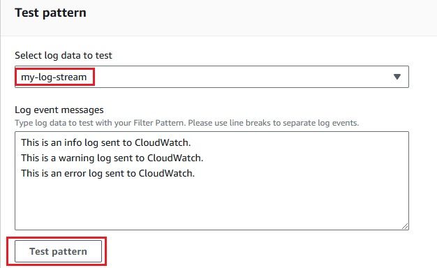 Testing log pattern configuration for subscription filter in CloudWatch