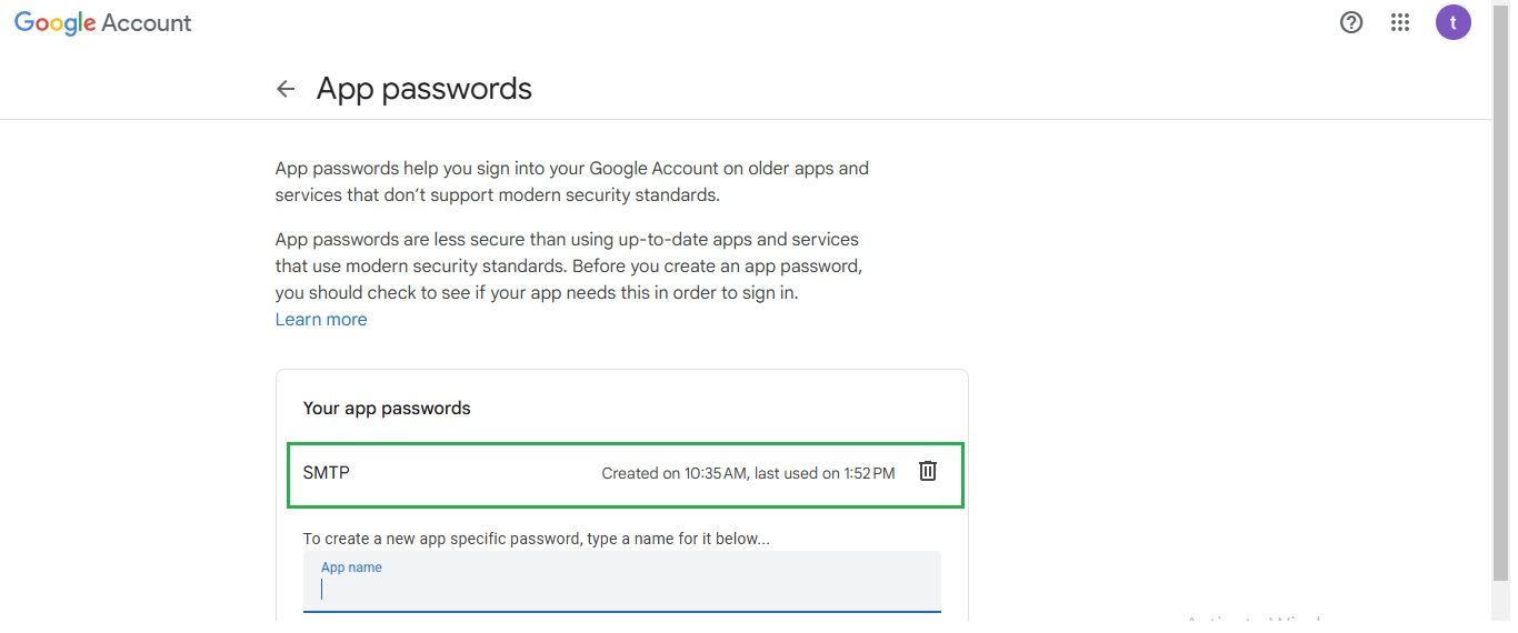 Display of generated Gmail app password.