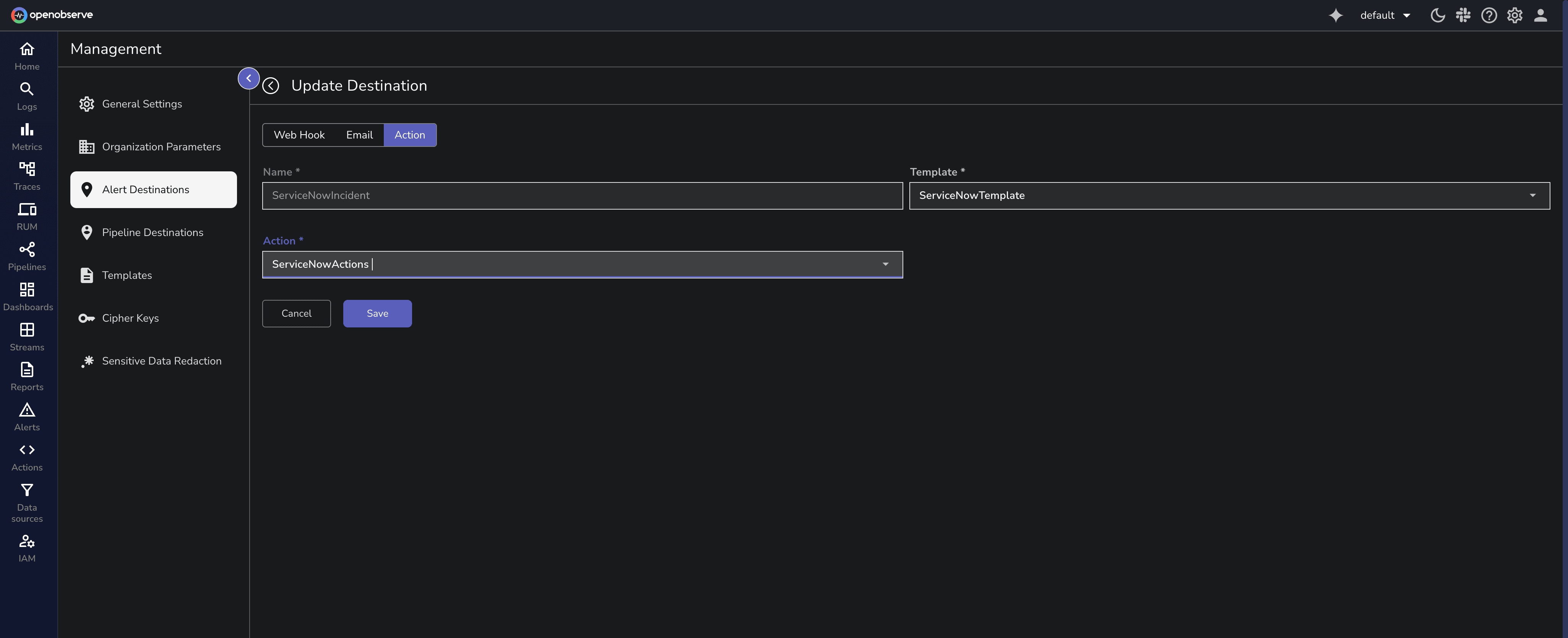 Alert Destination in OpenObserve Management Console