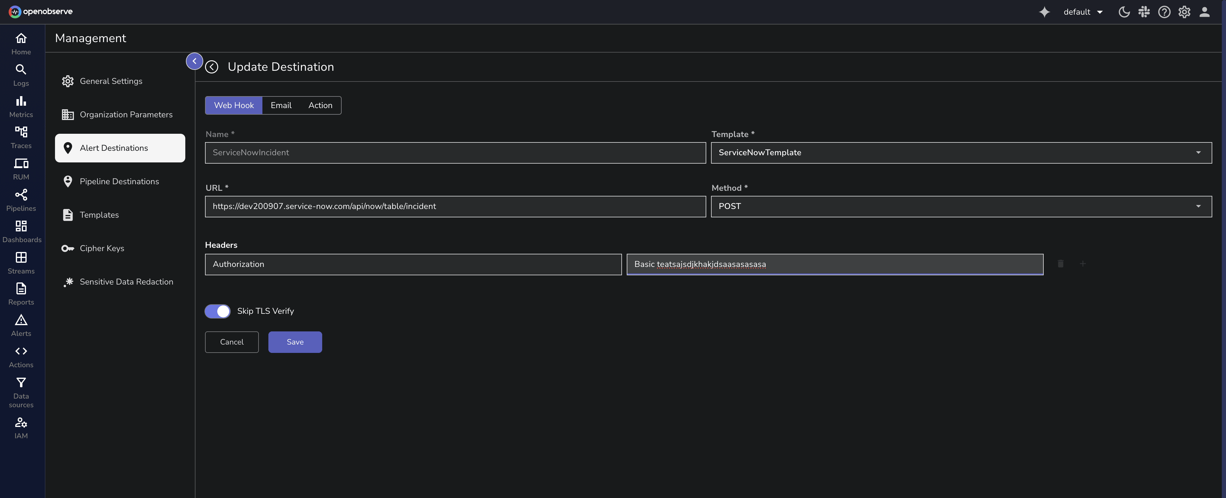 Service Now Destination Webhook