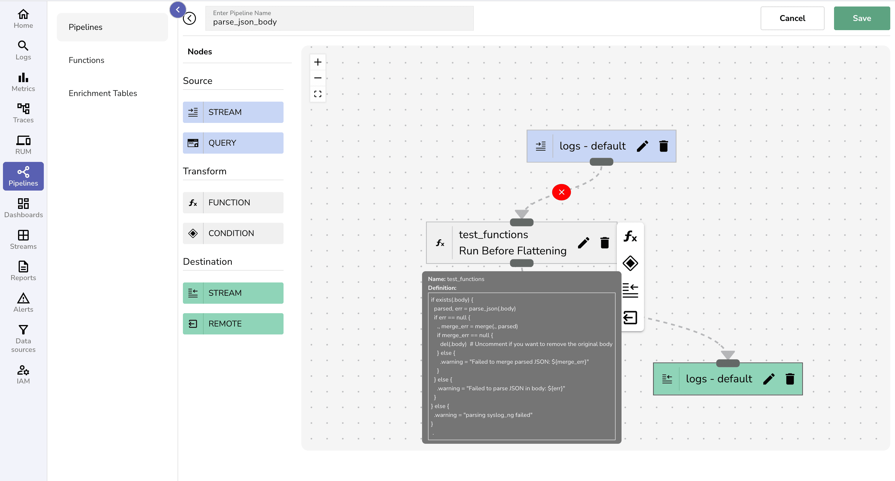 Pipeline flow that displays the source, transform, and destination in the OpenObserve UI.