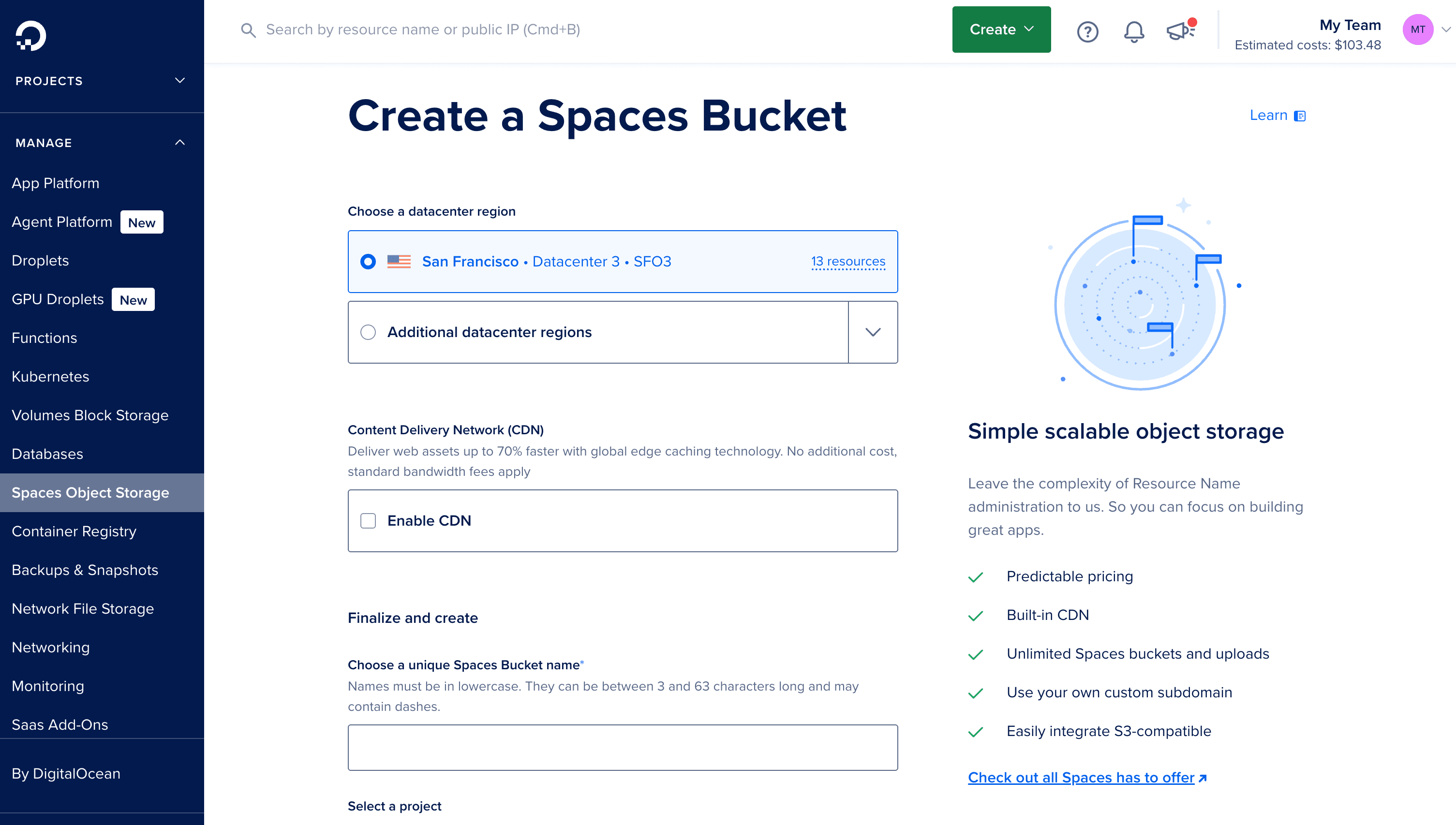 Digital ocean dashboard to create spaces for openobserve