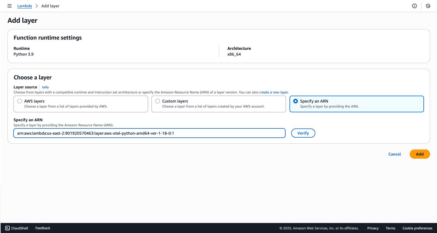 Add the ADOT layer in lambda