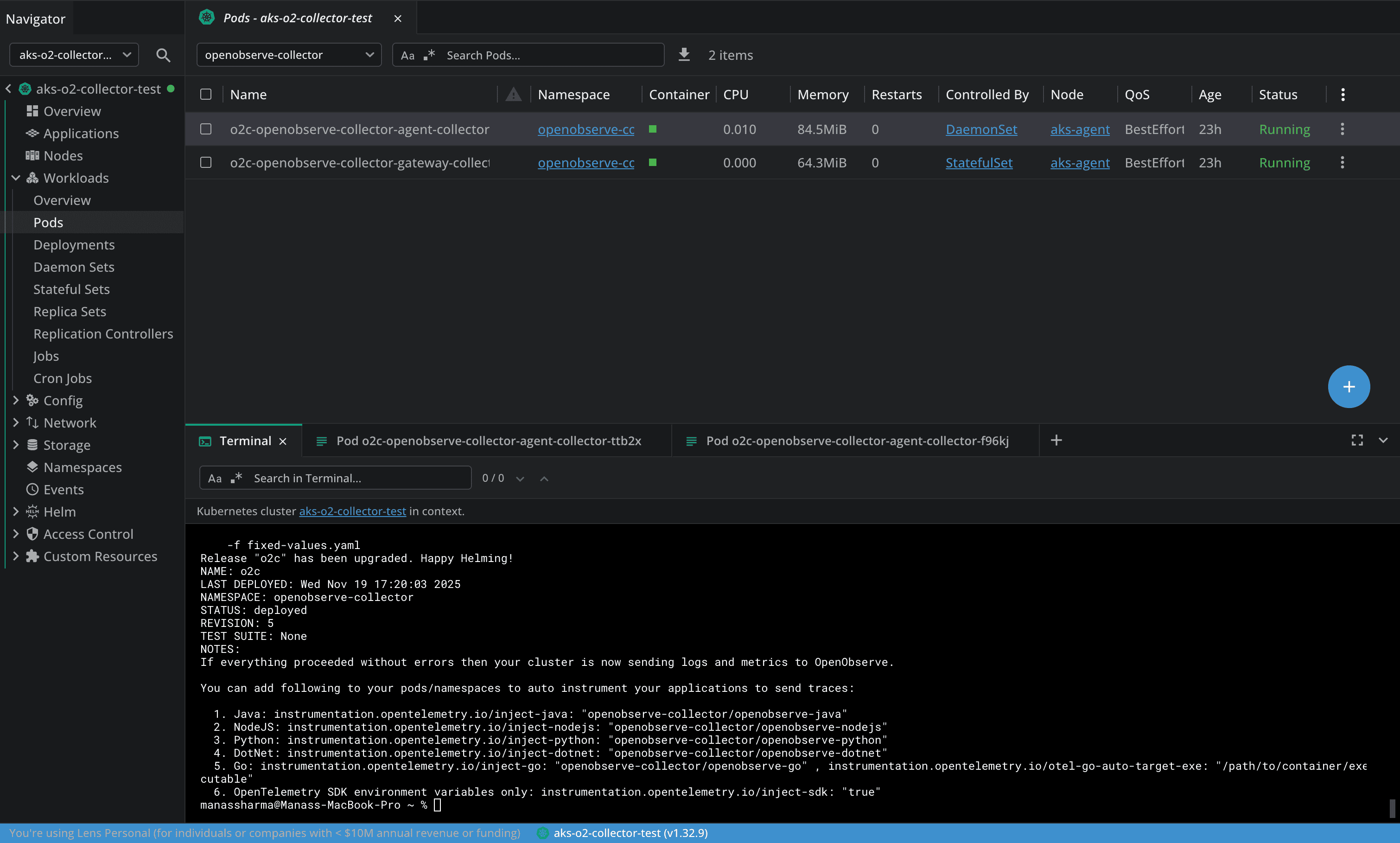 O2 Collector deployed in AKS cluster