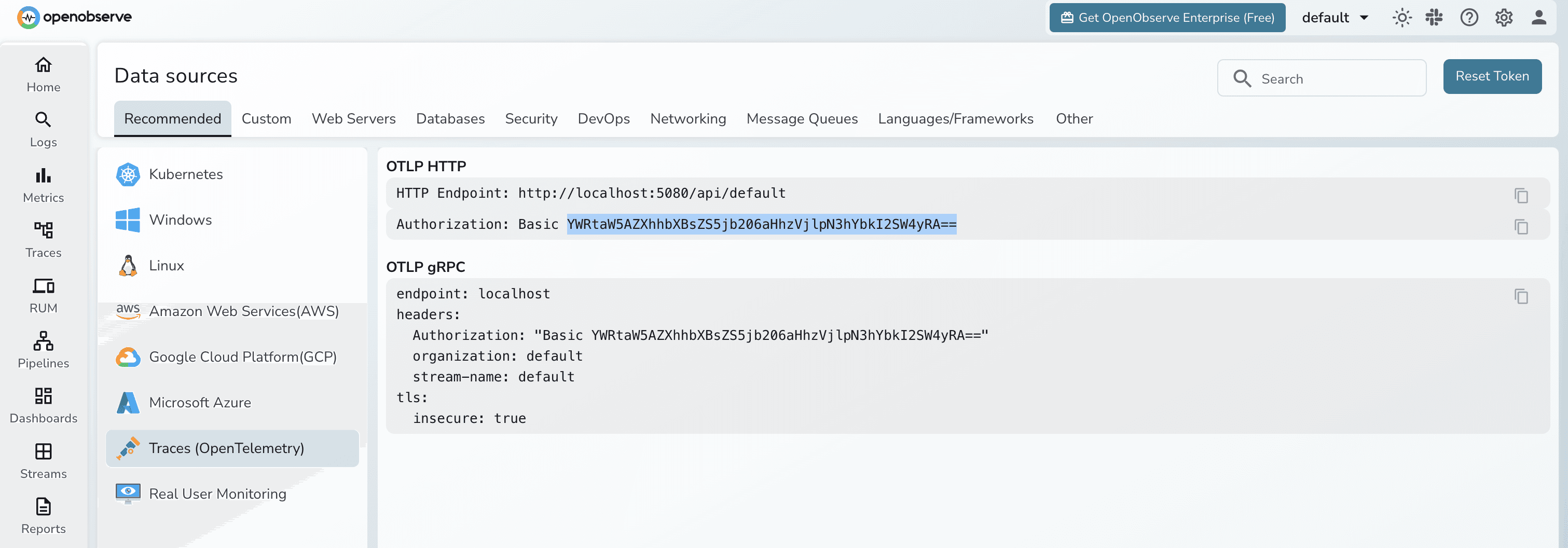 OpenTelemetry Configuration Token