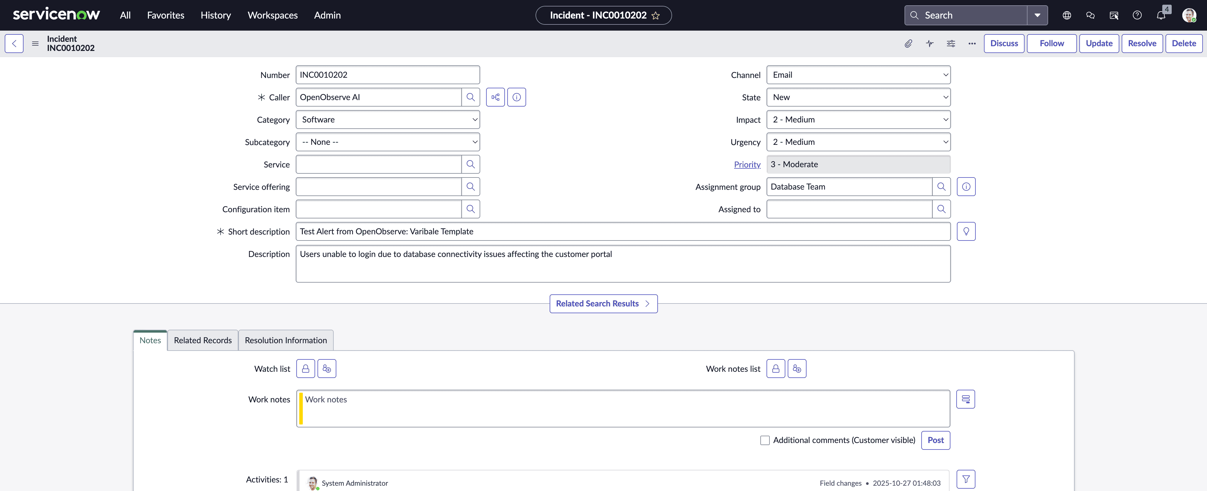 Incident creation in service now console