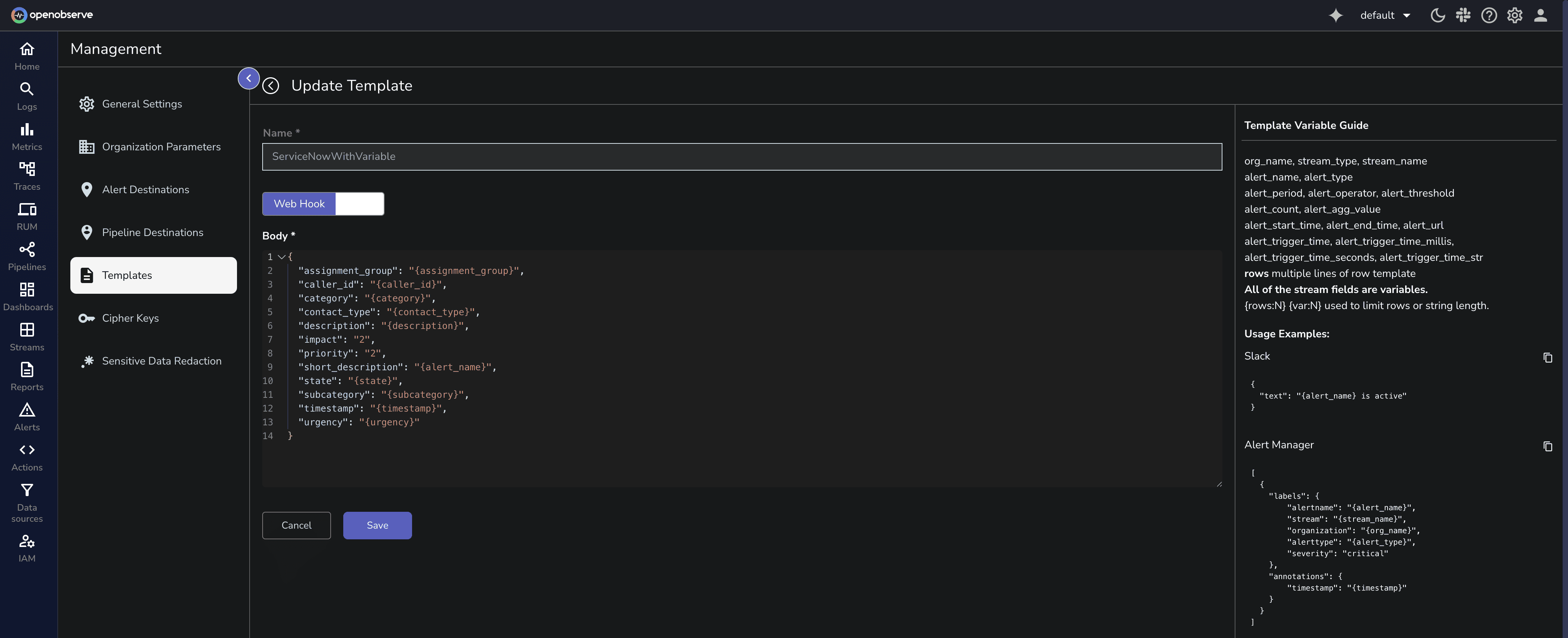Alert Template with variables