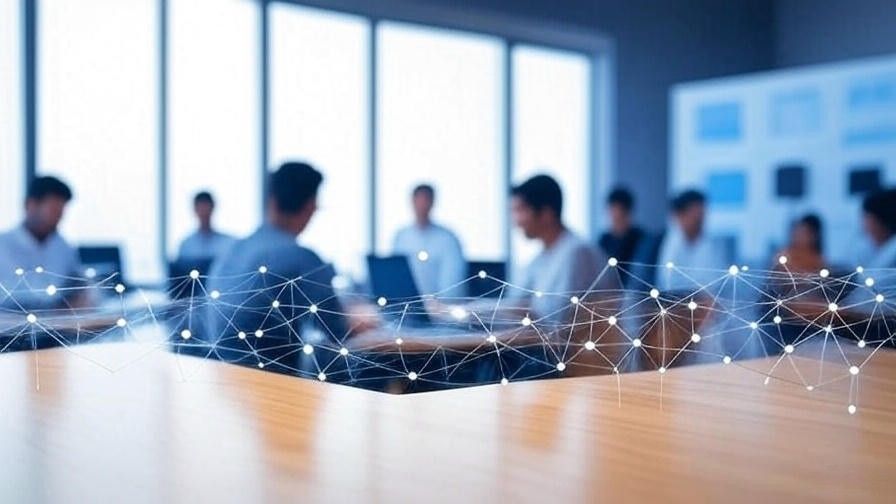 Engineers collaborating around a table, connected by a network of data points