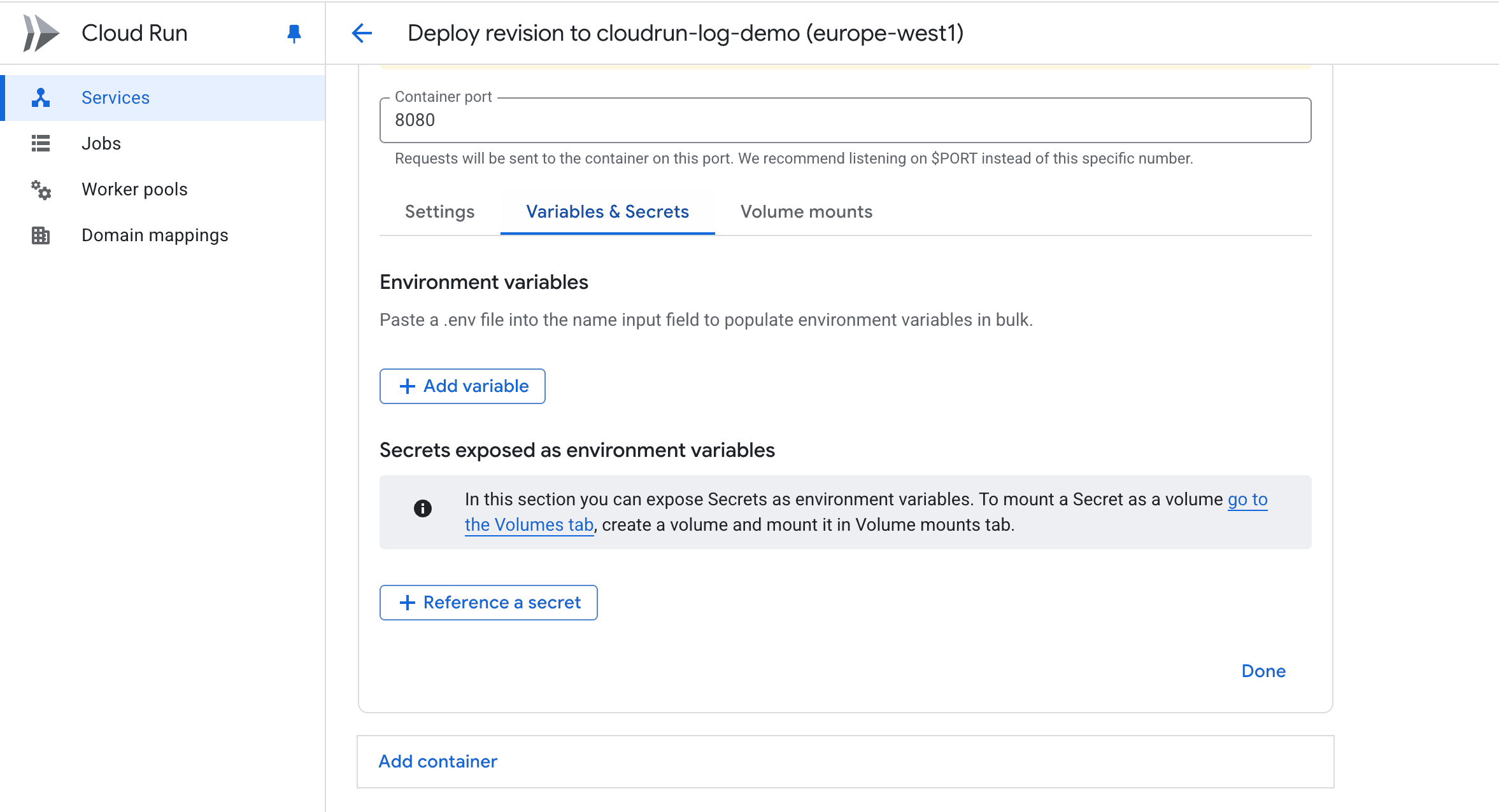 Adding environment variables in Google Cloud Run