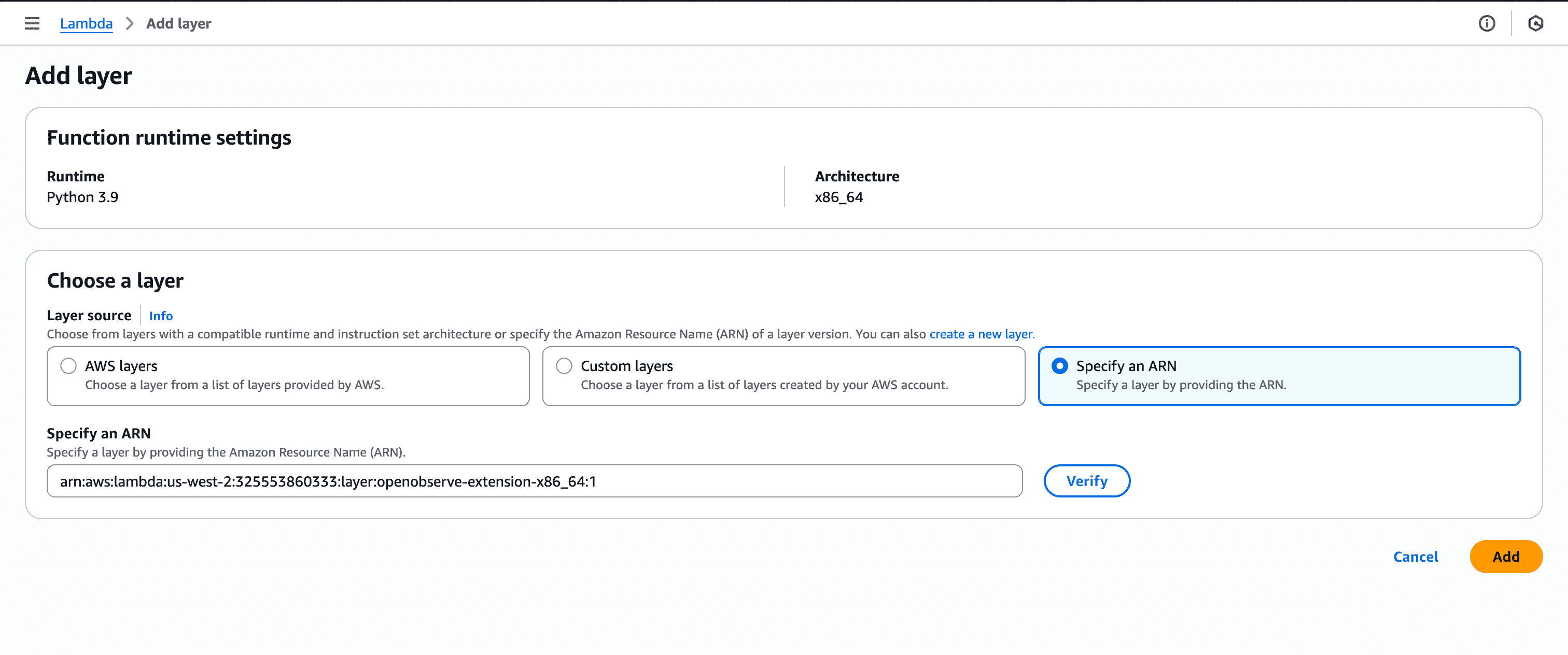 AWS Console: Adding OpenObserve Lambda layer