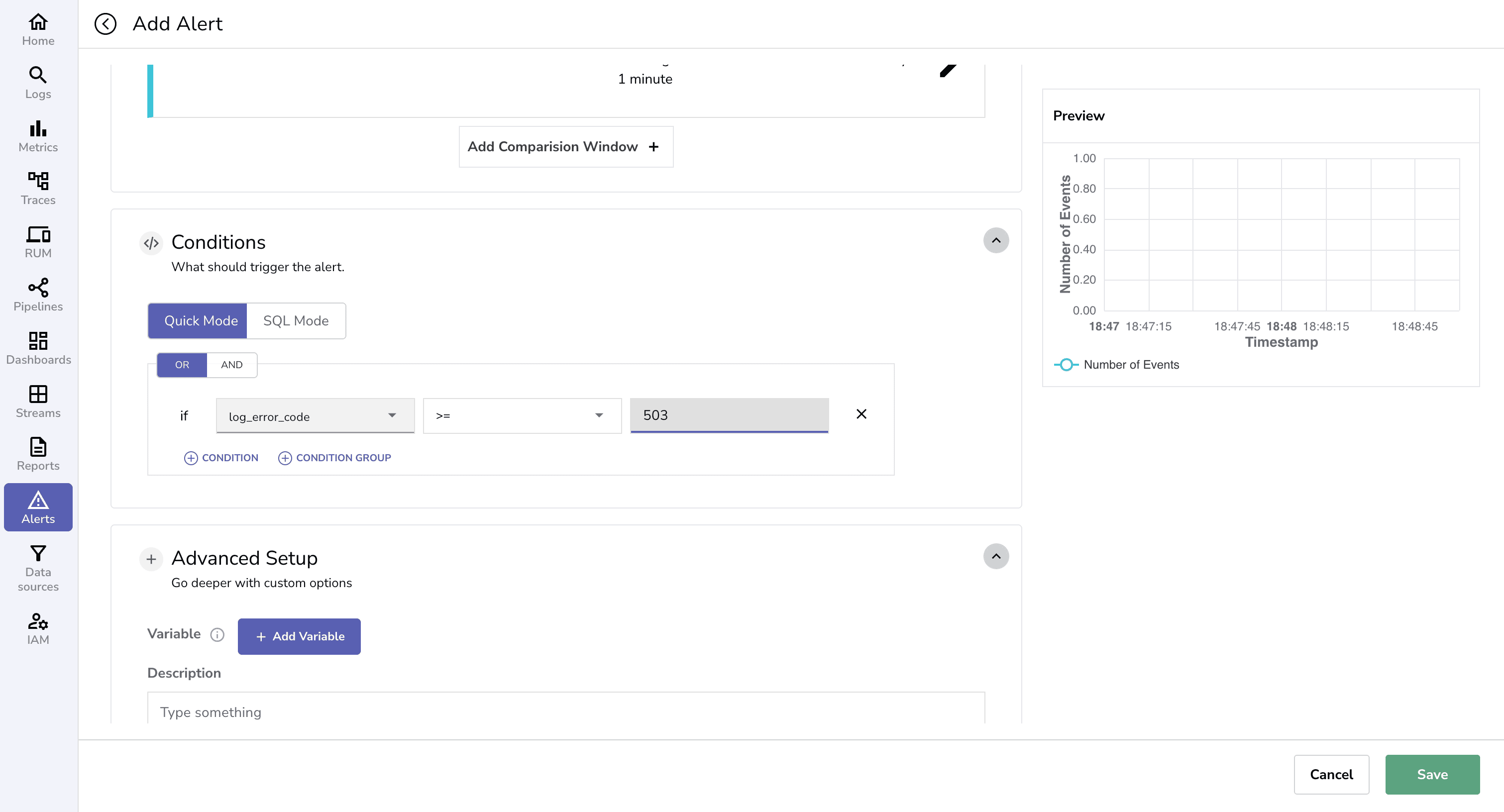 Adding an Alert in the OpenObserve UI.