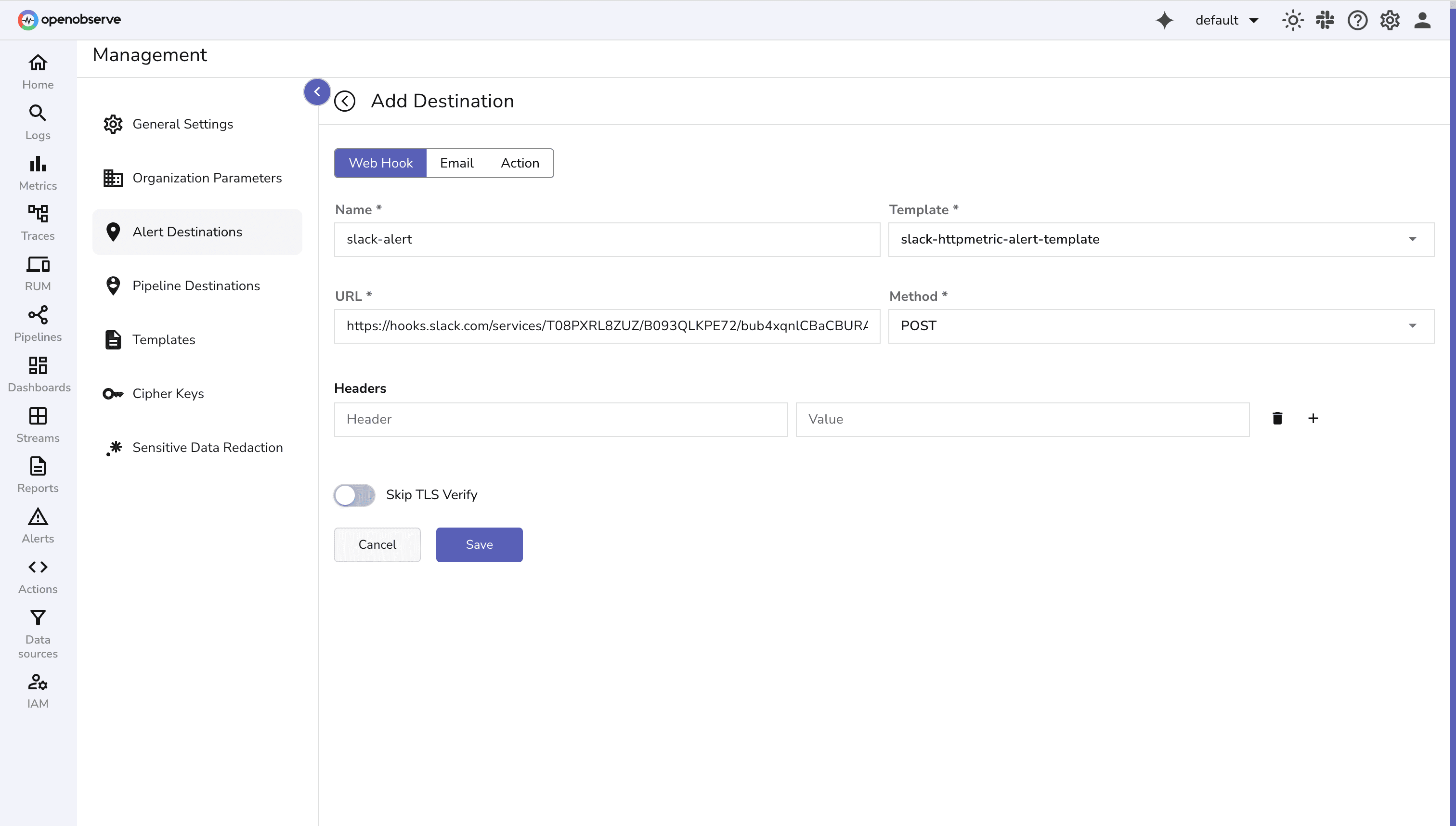 Create Slack Destination for alerts