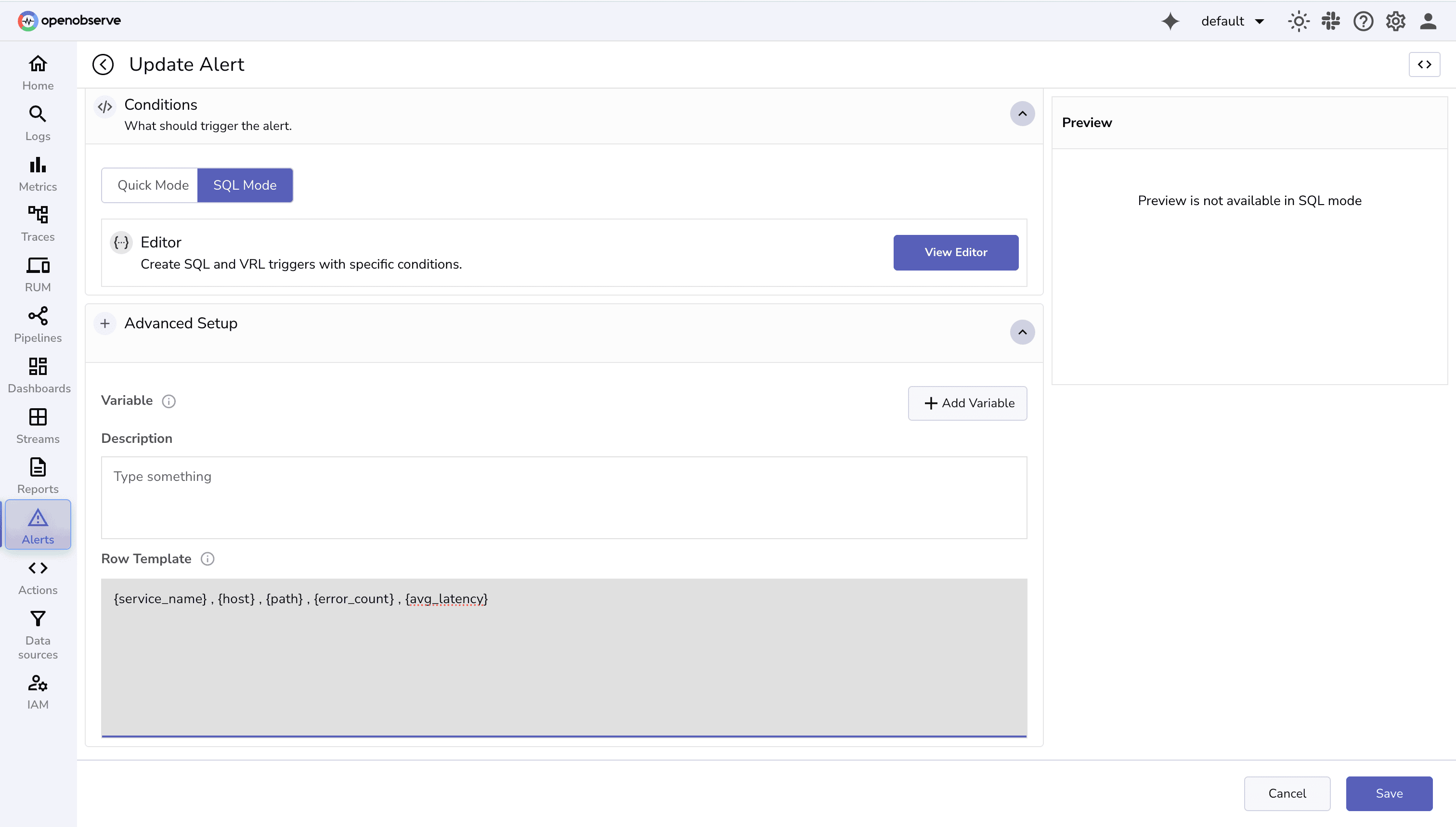 Updating Row template for customizing alert message