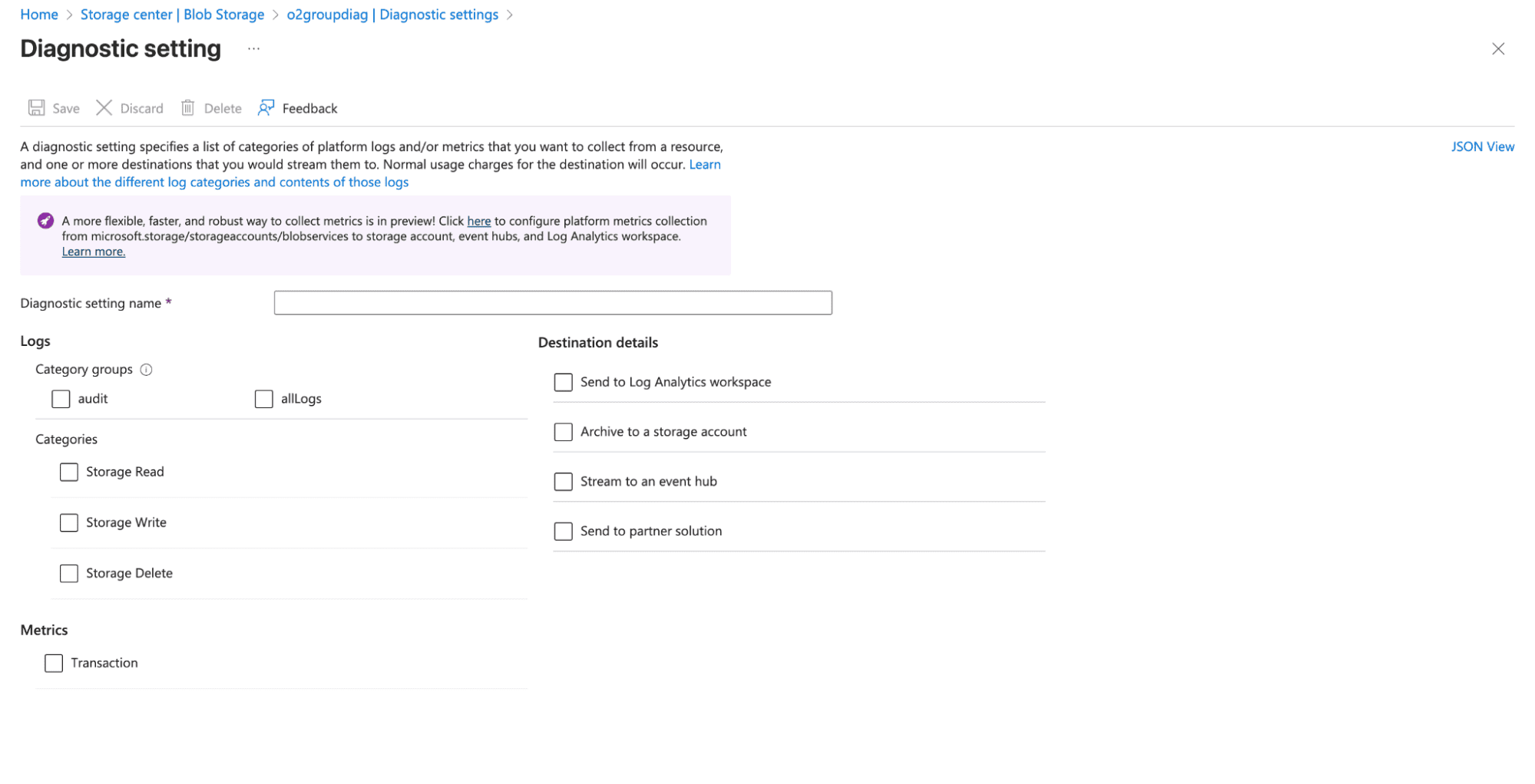 Azure blog storage Diagnostic Logs and metrics