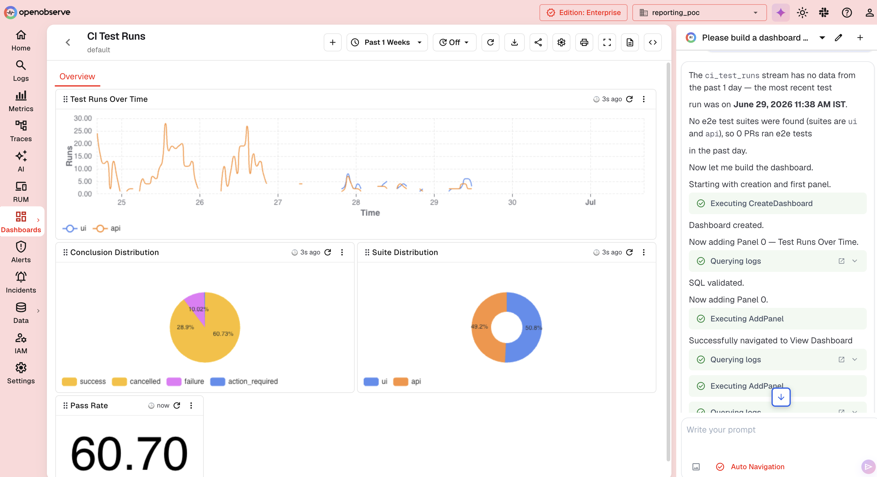 O2 Assistant building a dashboard end to end: querying logs, validating the data, then adding panels one by one