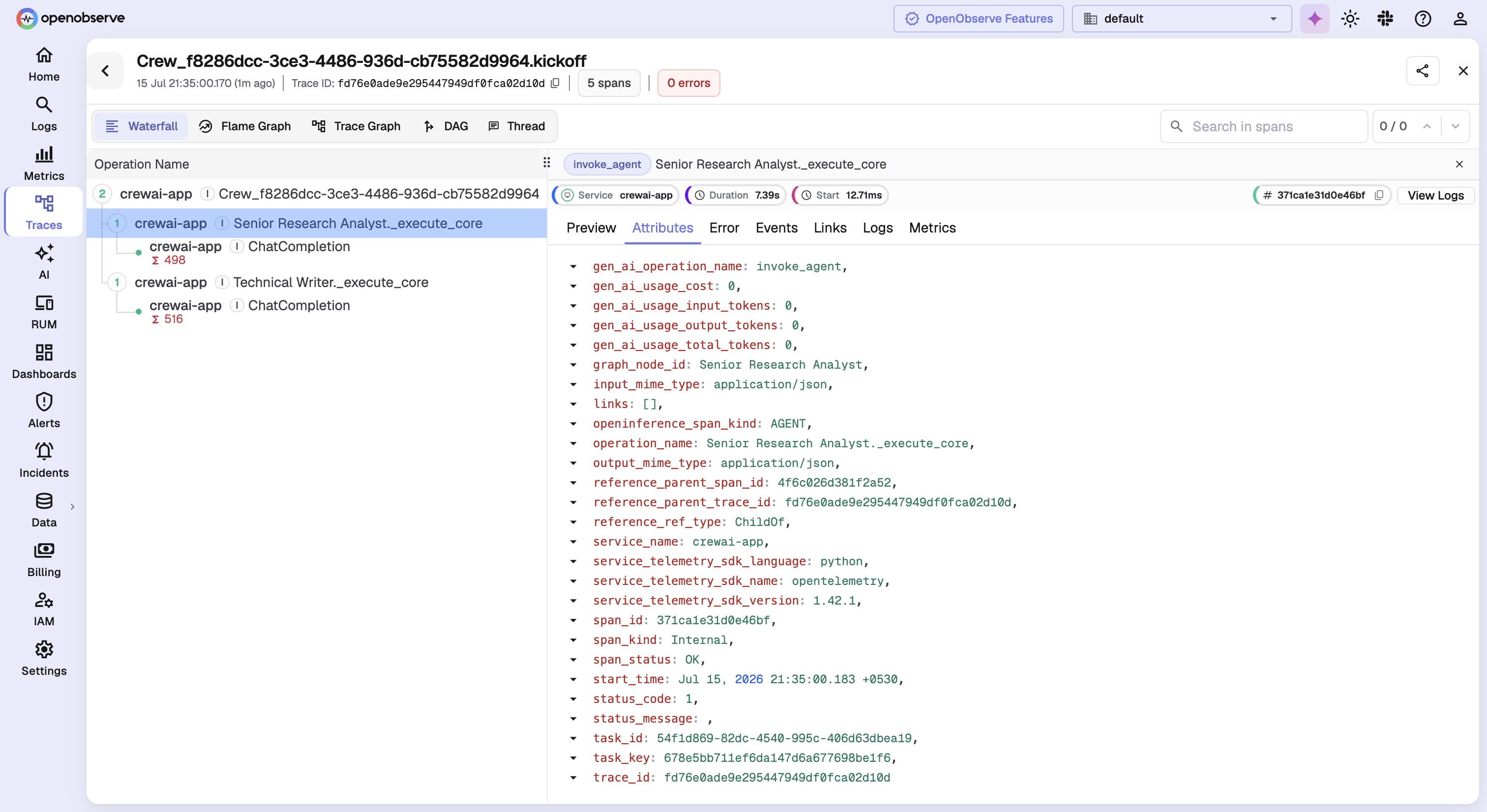 OpenObserve traces explorer showing a CrewAI run as a waterfall of crew, agent, task, and LLM spans