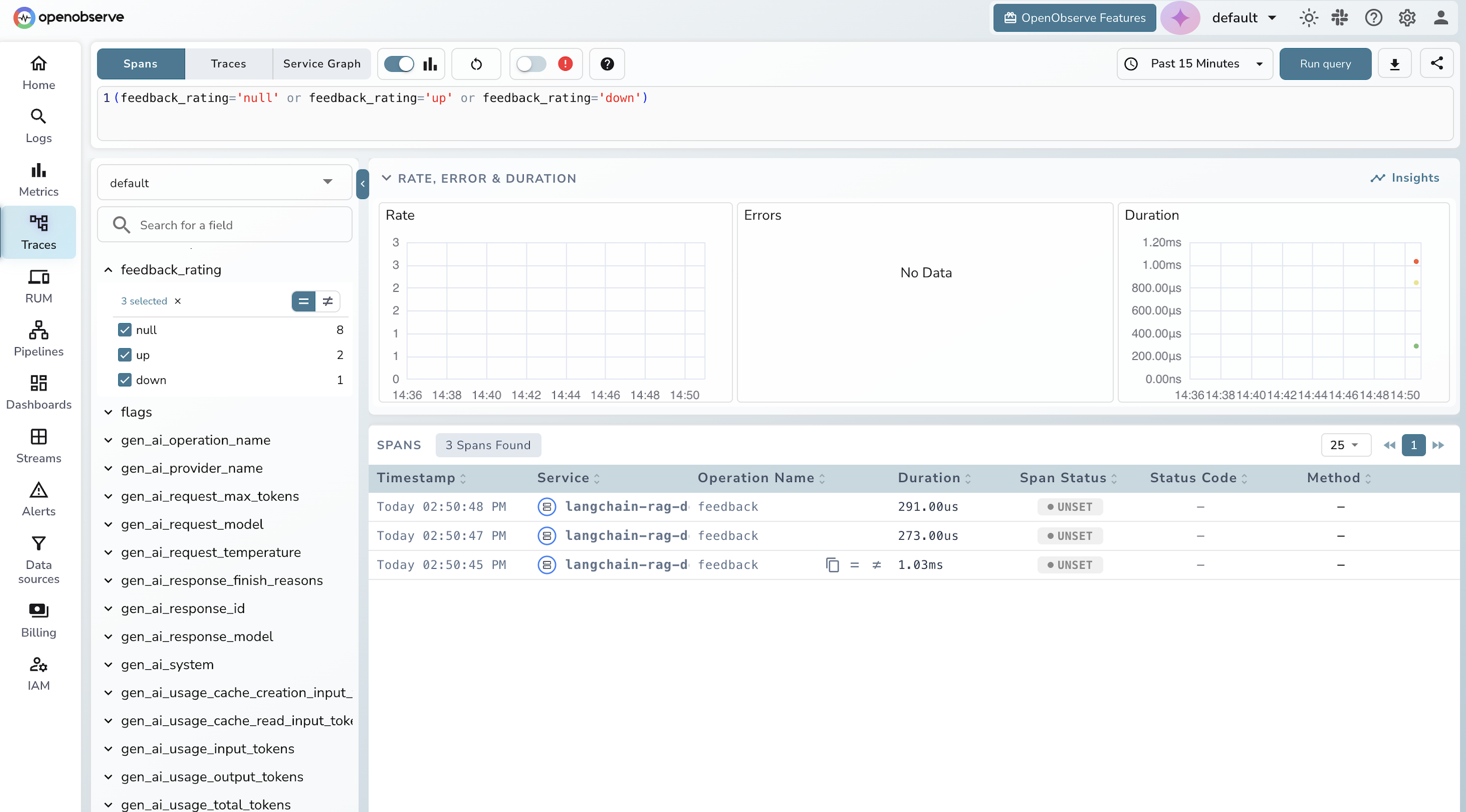 OpenObserve feedback spans correlated with trace IDs
