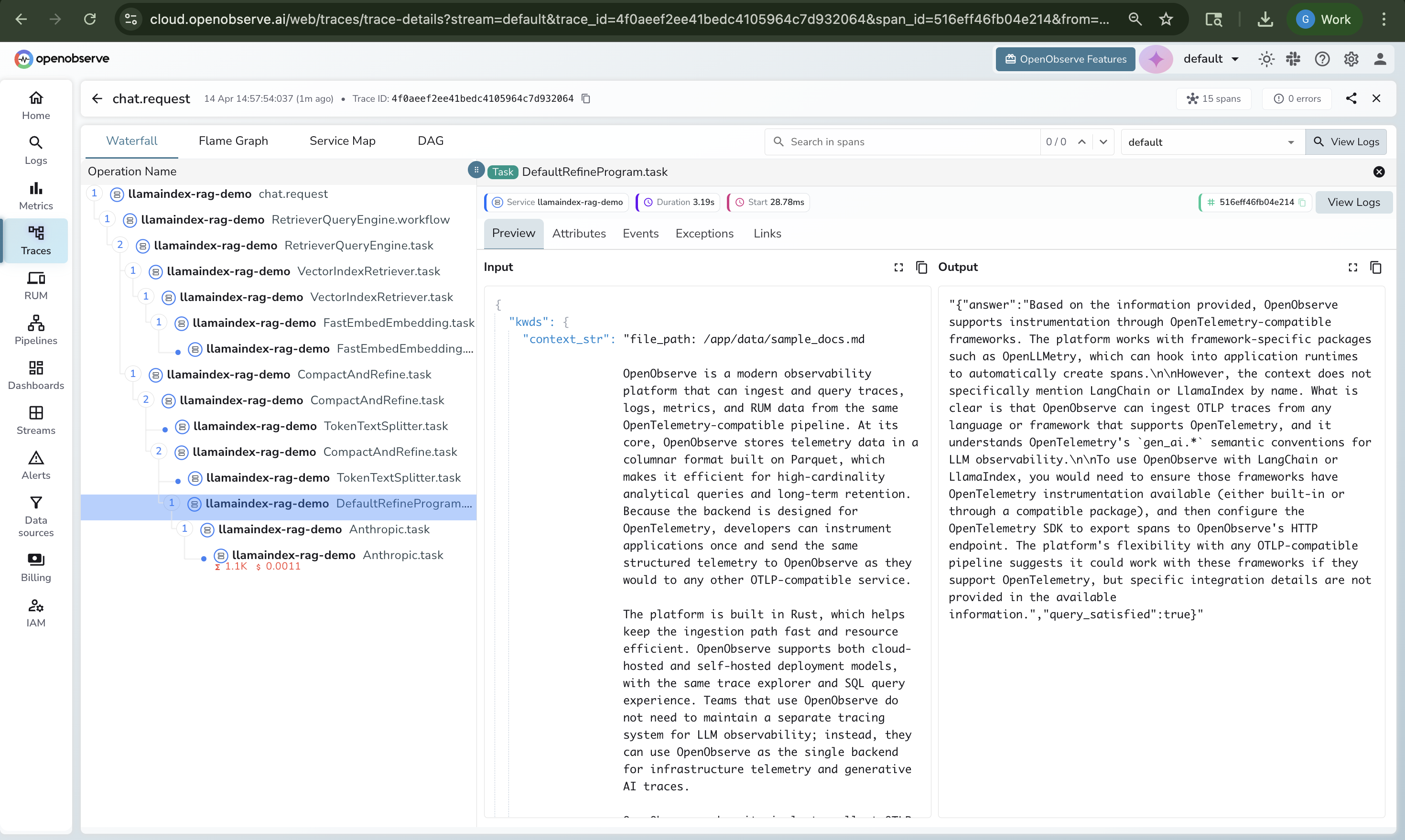 OpenObserve trace waterfall view showing nested spans for a LlamaIndex RAG query