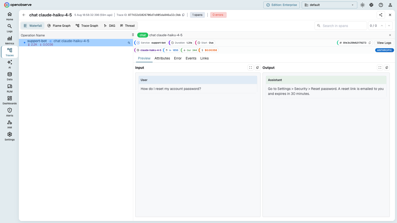 OpenObserve trace detail with the chat preview tab showing user input, assistant output, token counts, and cost