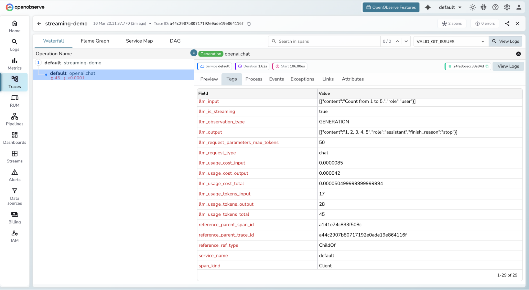 LLM Spans in OpenObserve