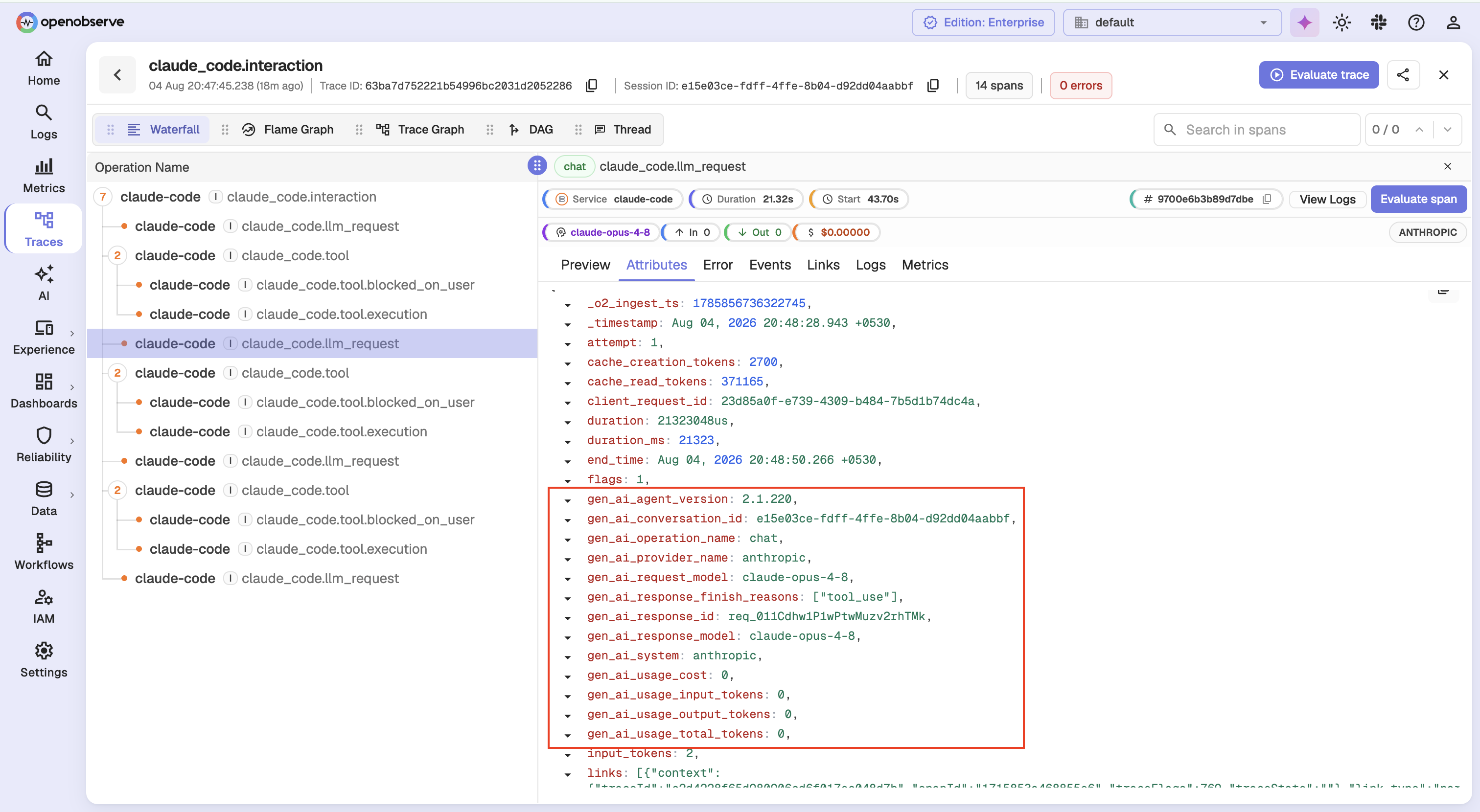 Real OpenObserve trace span for a Claude agent interaction with gen_ai_operation_name, gen_ai_provider_name, gen_ai_request_model, gen_ai_response_finish_reasons as an array, and gen_ai_usage token attributes all visible