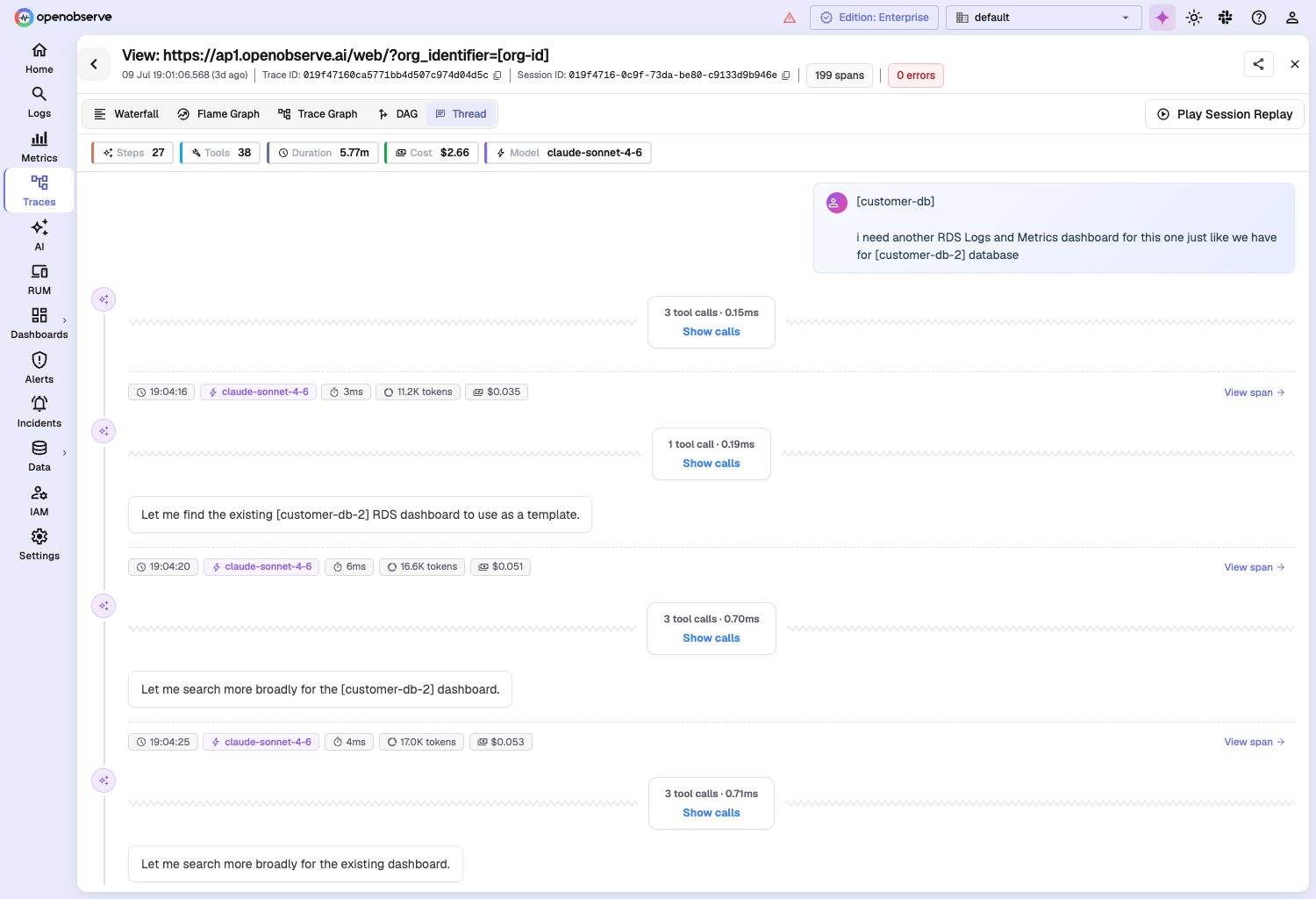 OpenObserve trace Thread view of the expensive turn: a summary bar reading 27 steps, 38 tools, 5.77m, $2.66, claude-sonnet-4-6, above a chat timeline where each model call shows a climbing token chip — 11.2K, then 16.6K, then 17.0K — with the user's dashboard request at the top; Session ID in the header