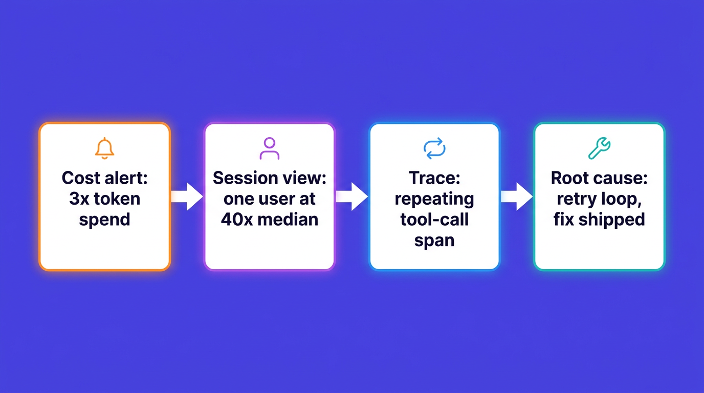 Debugging walkthrough: cost alert to session view to repeating trace span to root cause