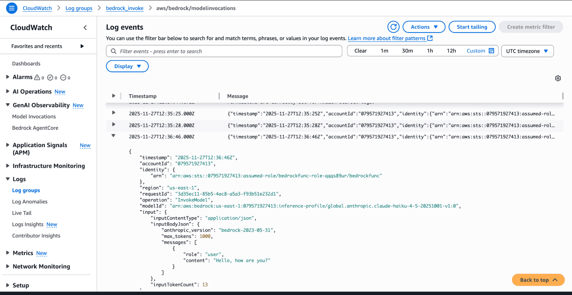 Bedrock-specific Log Group