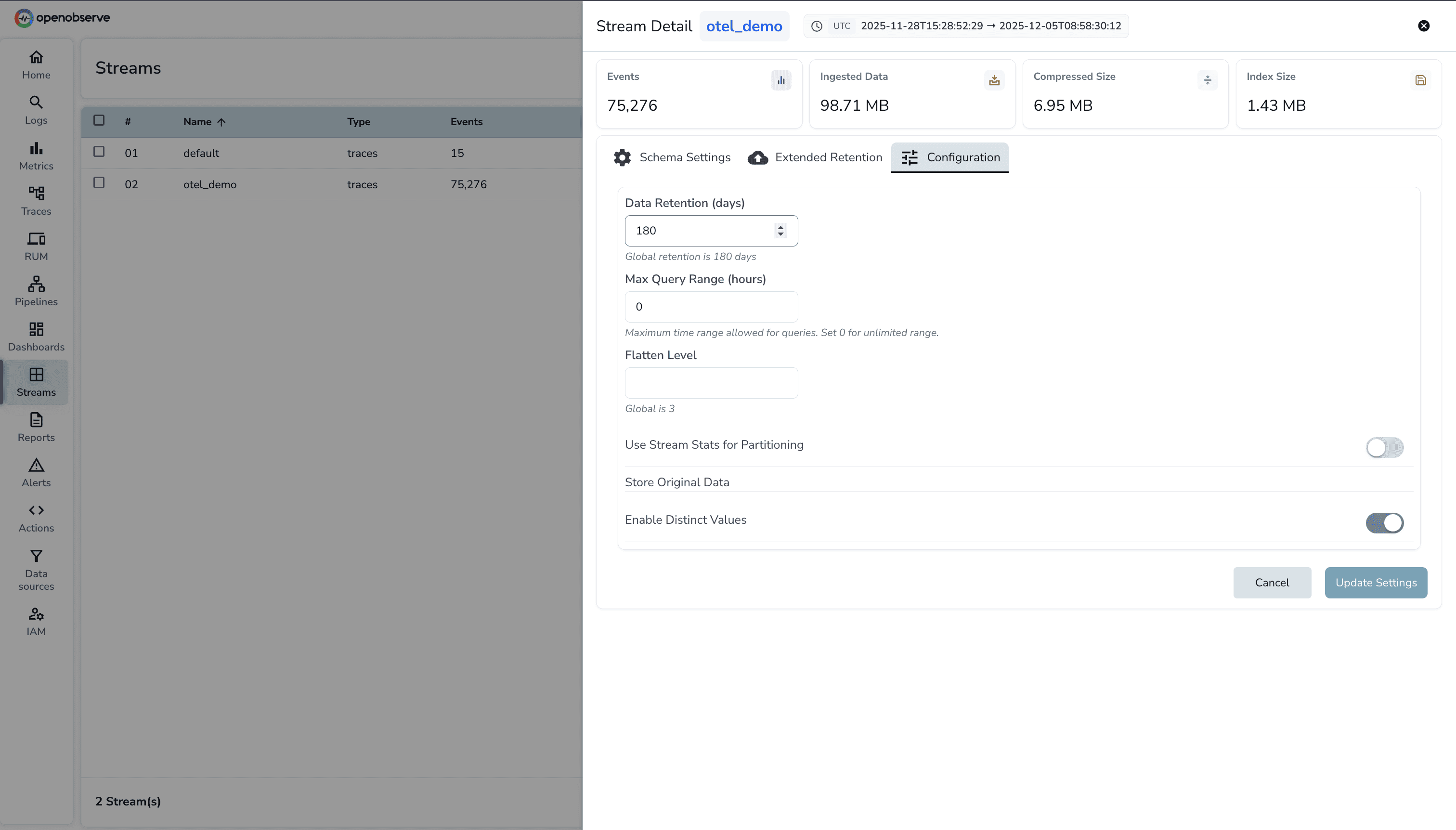 OpenObserve trace retention per stream
