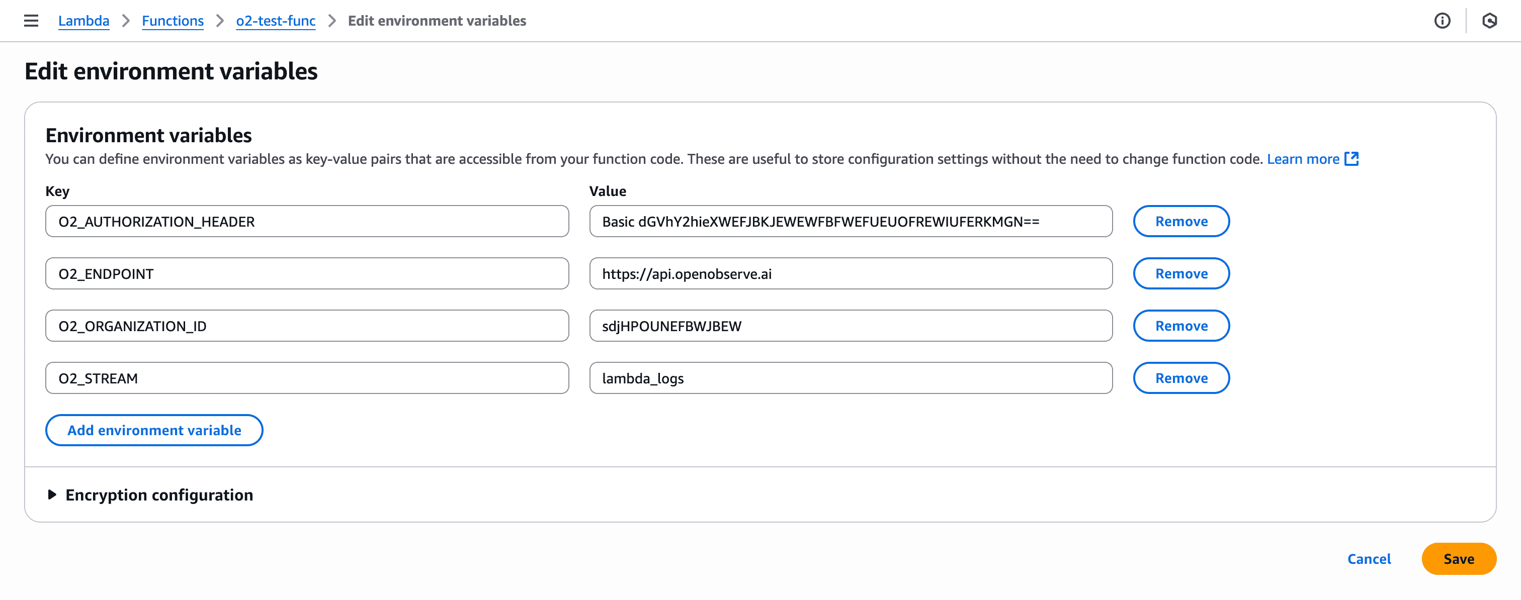 AWS Console: Configuring Environment Variables in AWS Lambda Function