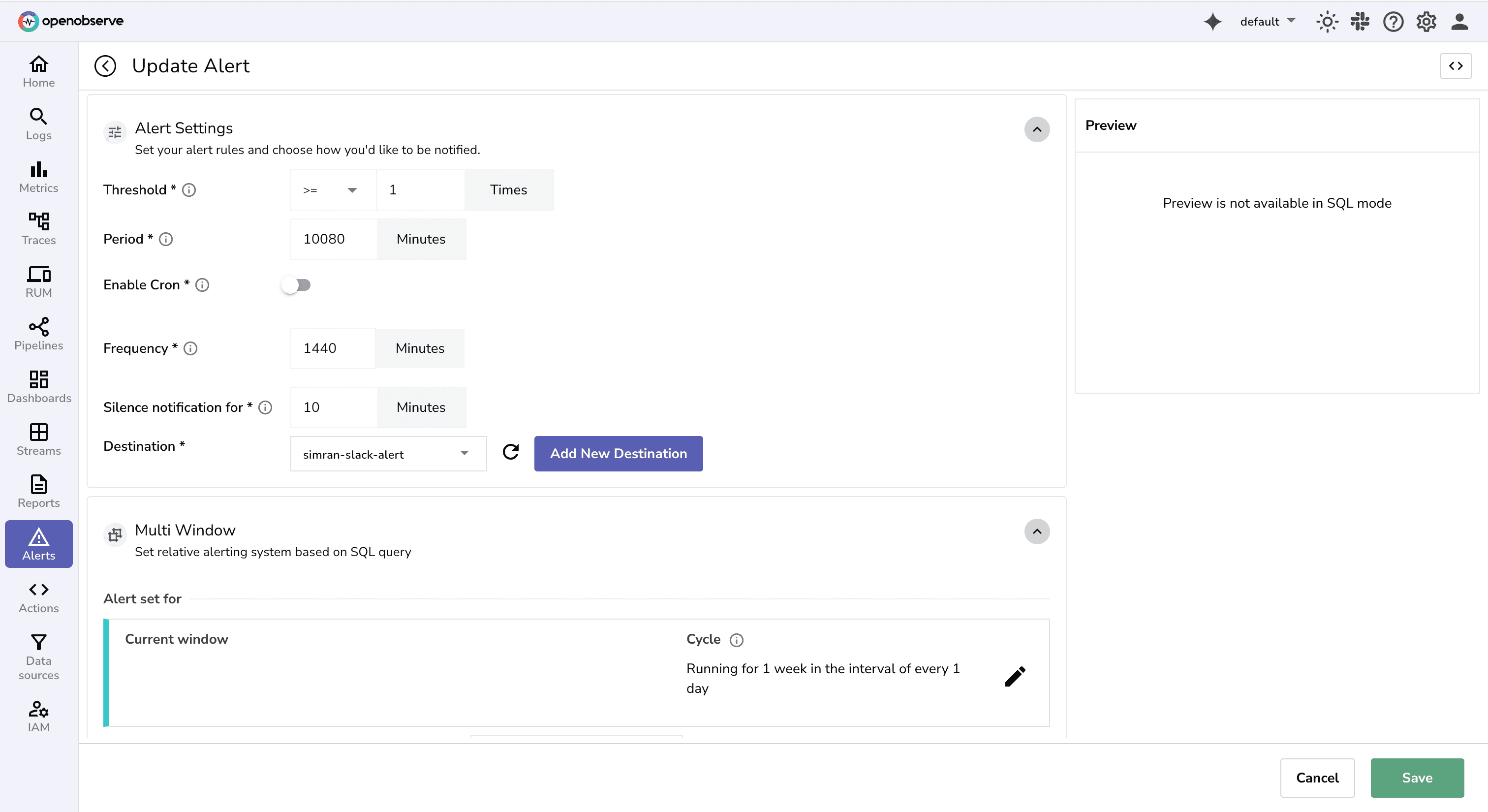 Configuring scheduled alert settings in OpenObserve