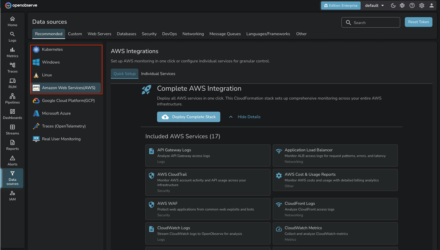 One Click AWS Integration in OpenObserve
