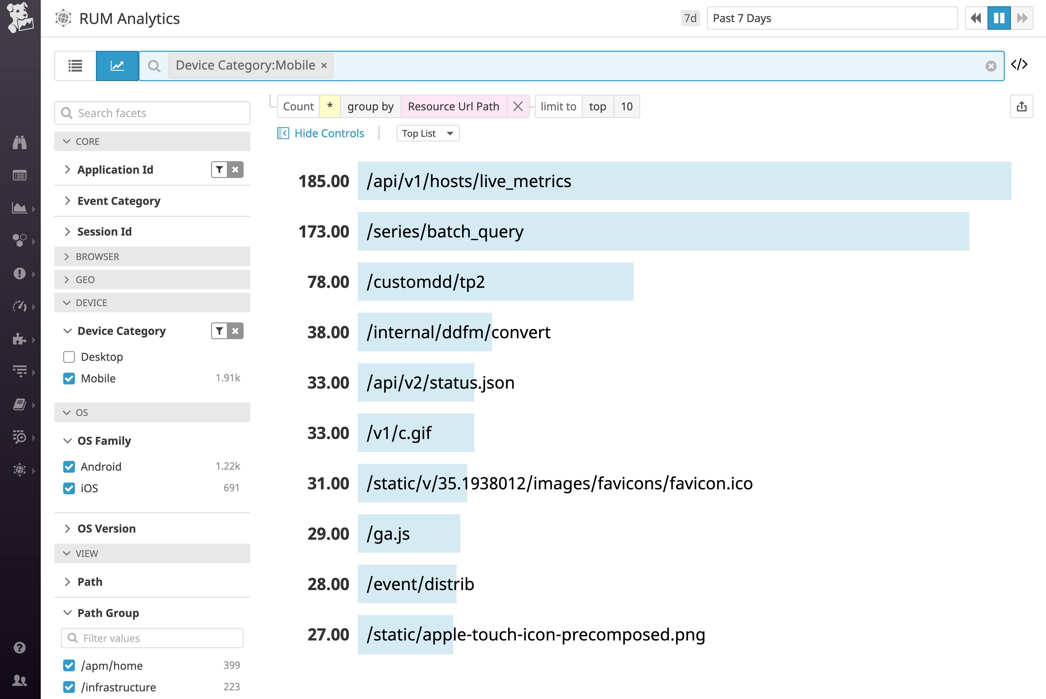 DataDog RUM correlation showing distributed tracing flame graph from user session