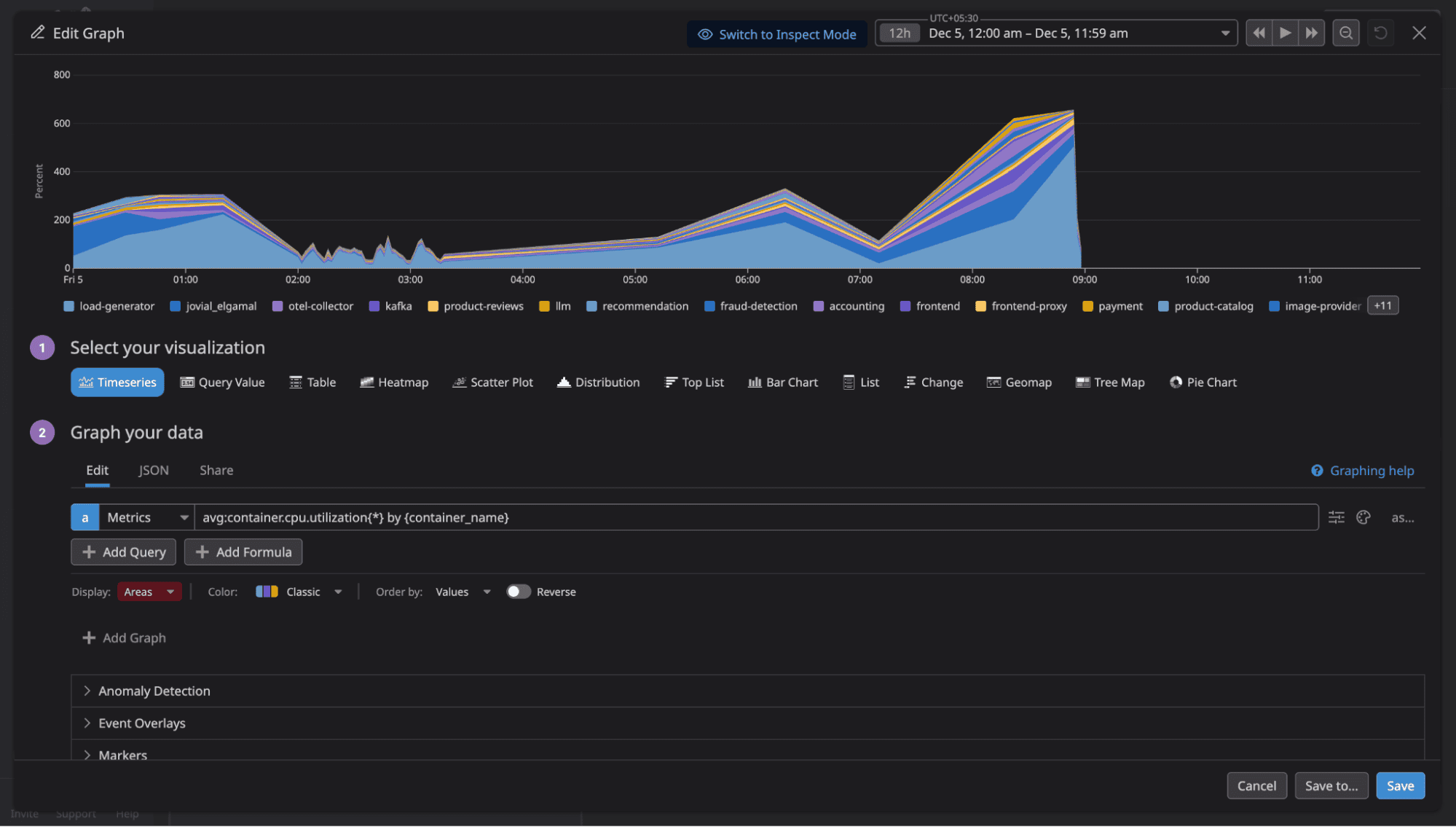DataDog dashboard builder interface