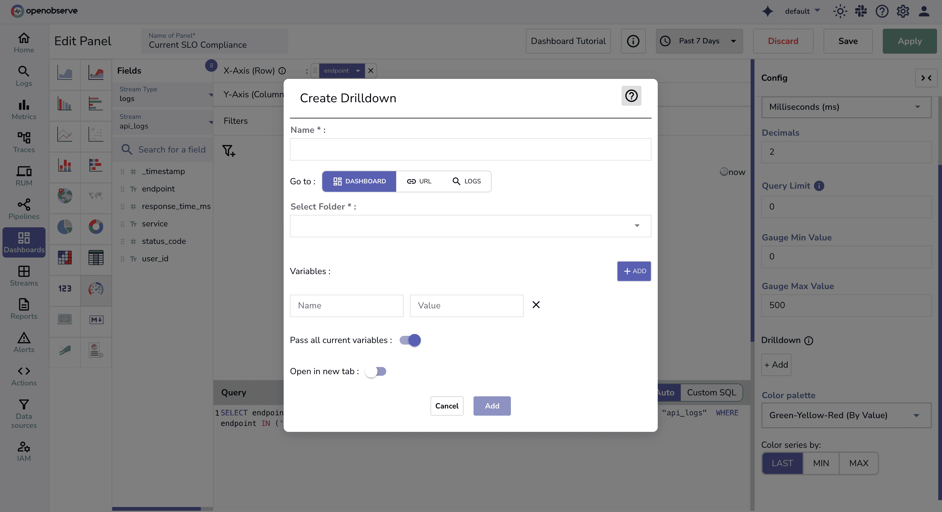 Drilldowns feature of OpenObserve