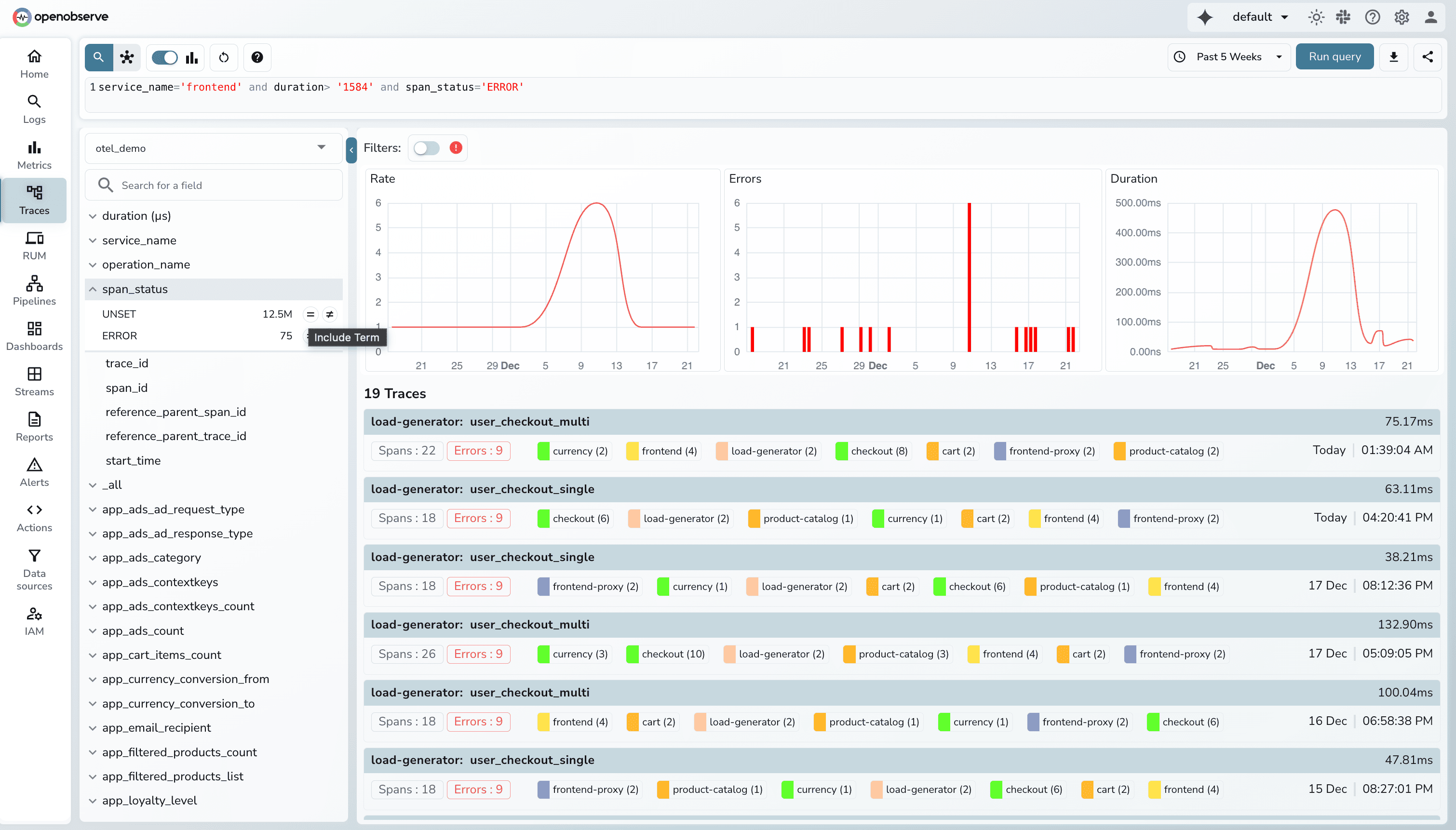OpenObserve Quick Mode trace search with UI filtersI
