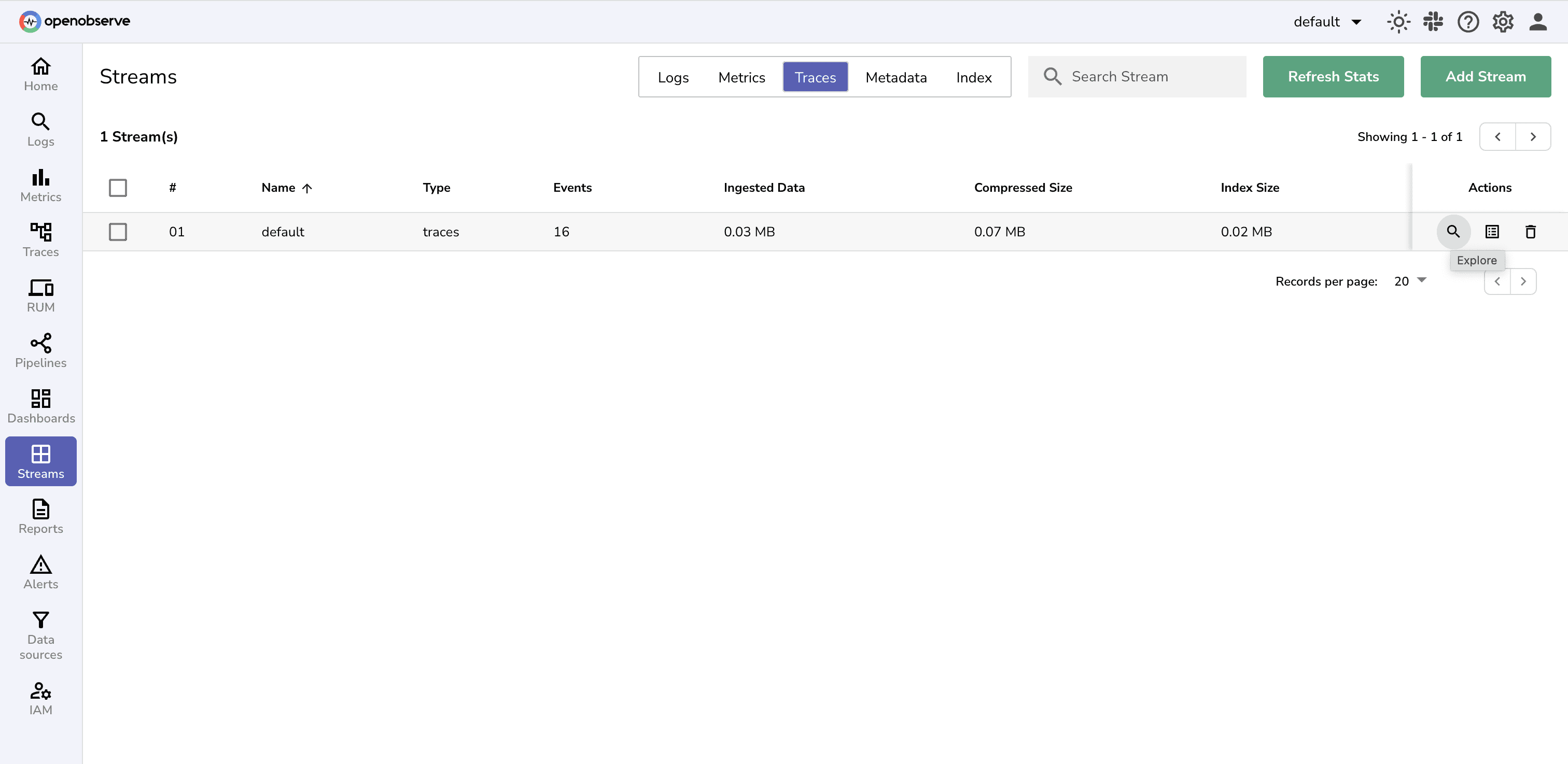 Exploring Traces streams in OpenObserve