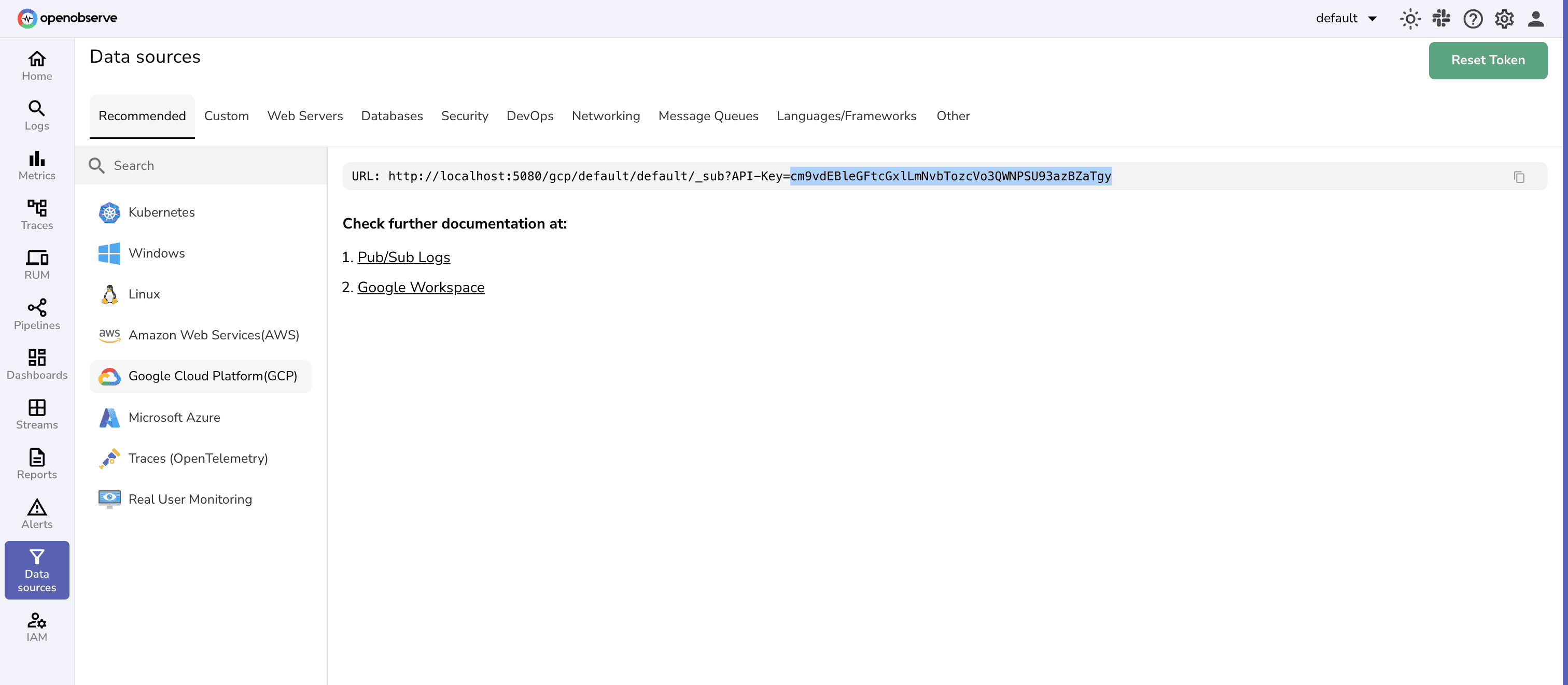 Fetching an authorization token from the OpenObserve UI