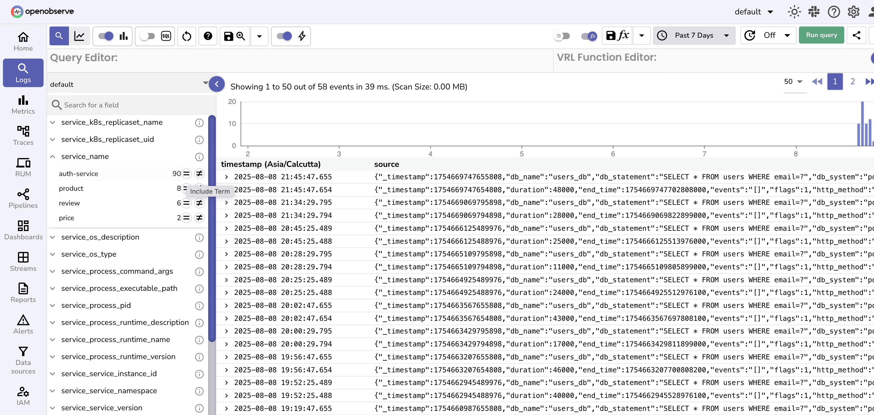 Filtering in OpenObserve using Include Term option