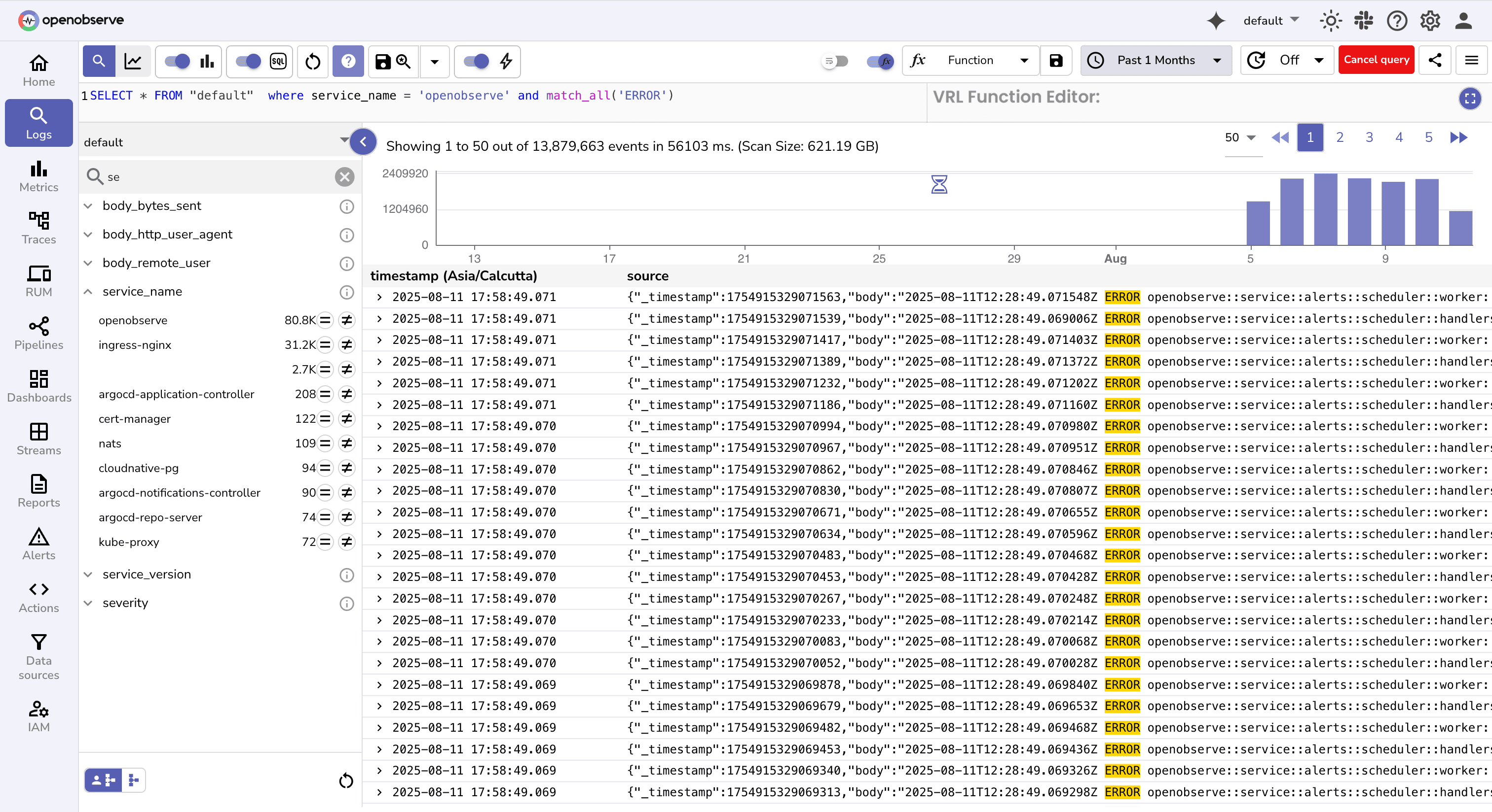 Filtering logs in OpenObserve UI