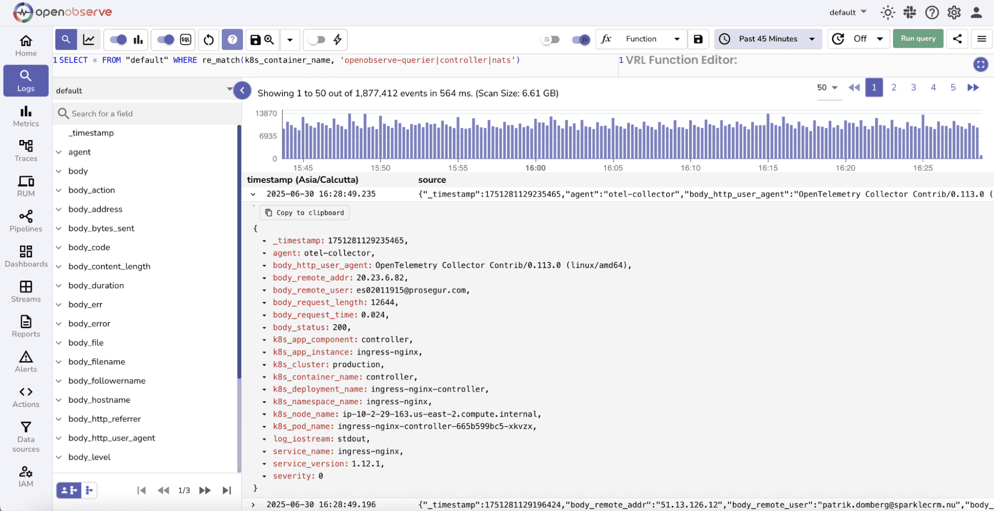 Filtering logs using regex match function