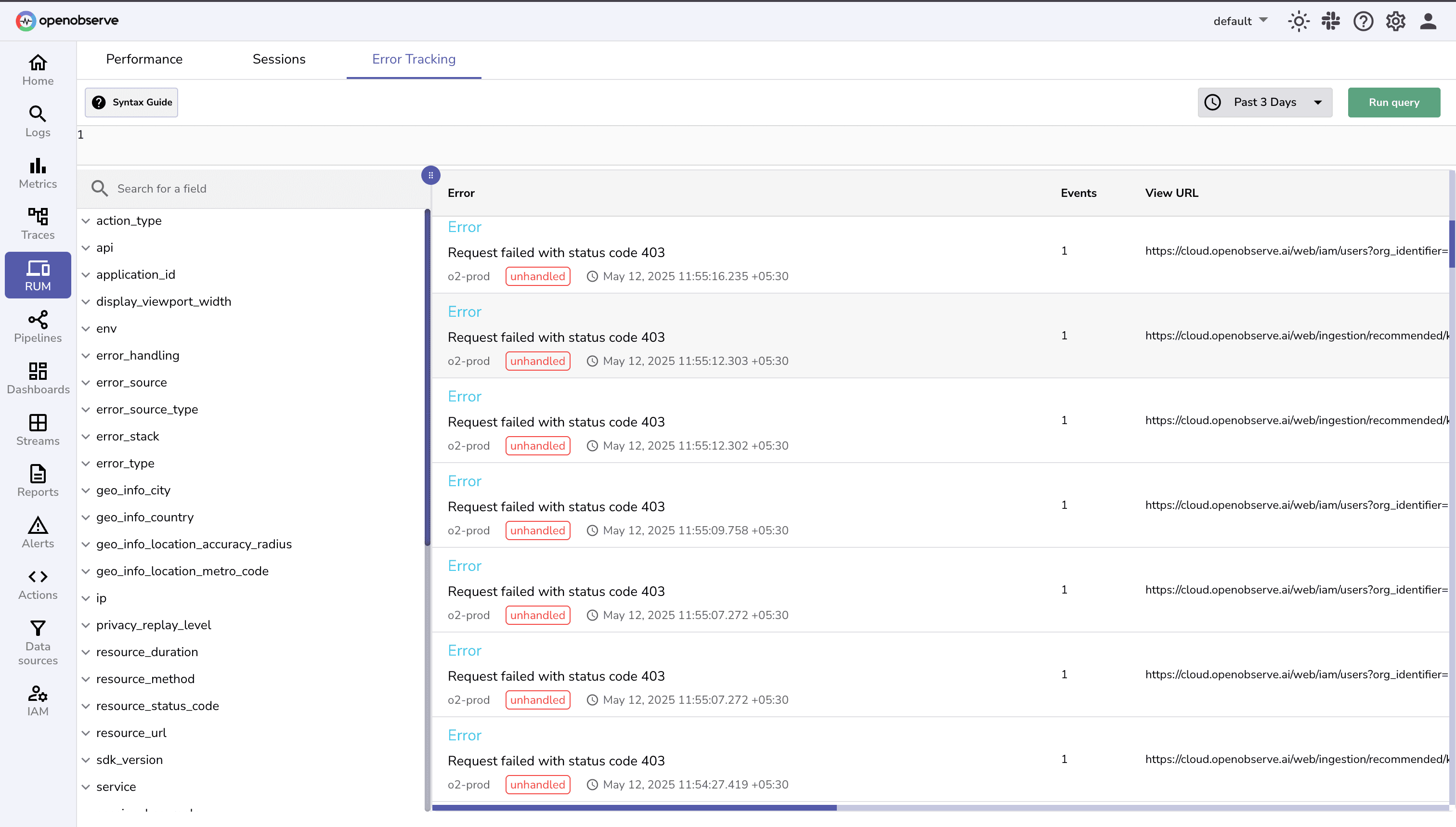 OpenObserve RUM Error Tracking