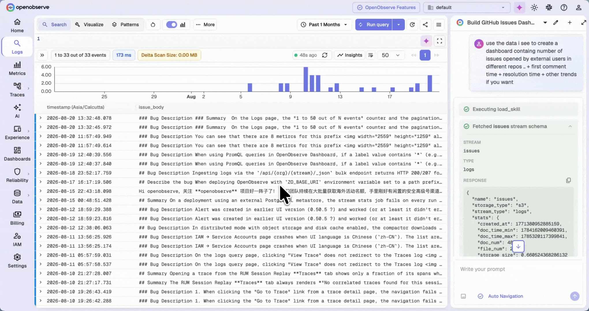 OpenObserve AI Assistant turning a plain-English question into a query