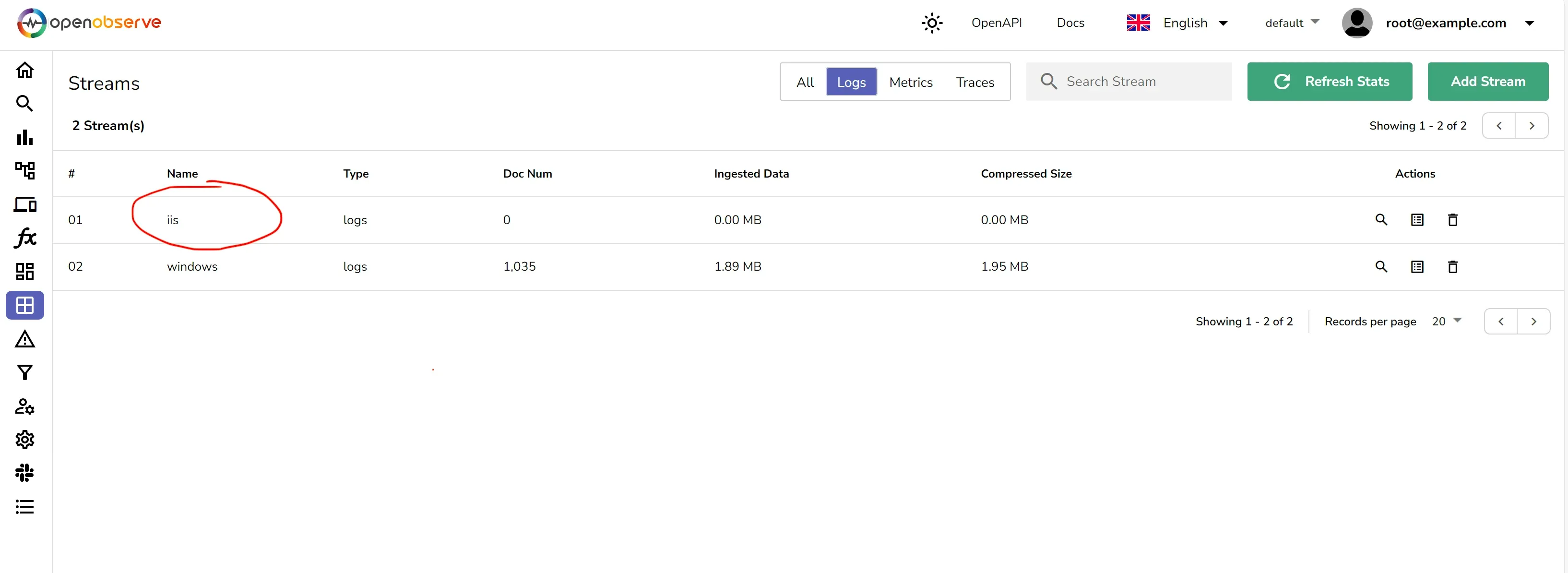 OpenObserve with iis stream