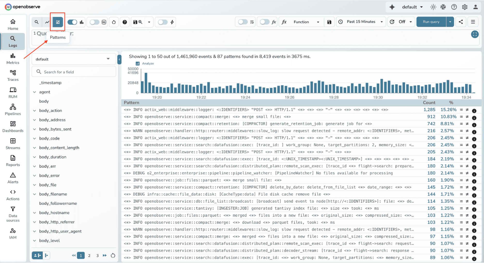 Log patterns UI in OpenObserve 