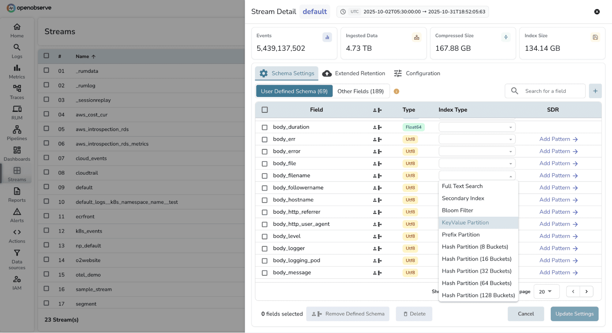 Setting partition keys in OpenObserve