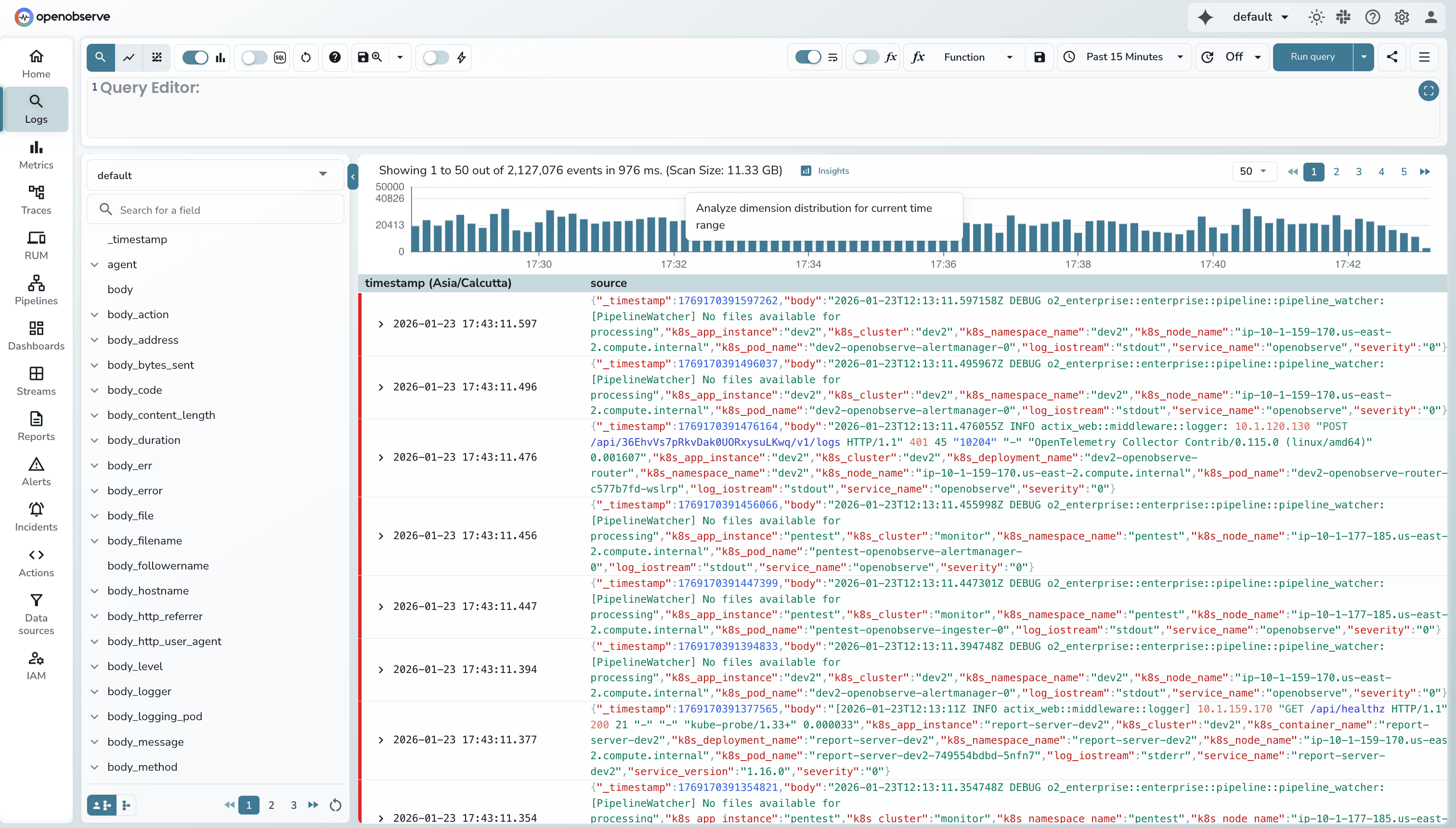 Click Insights button in the logs UI