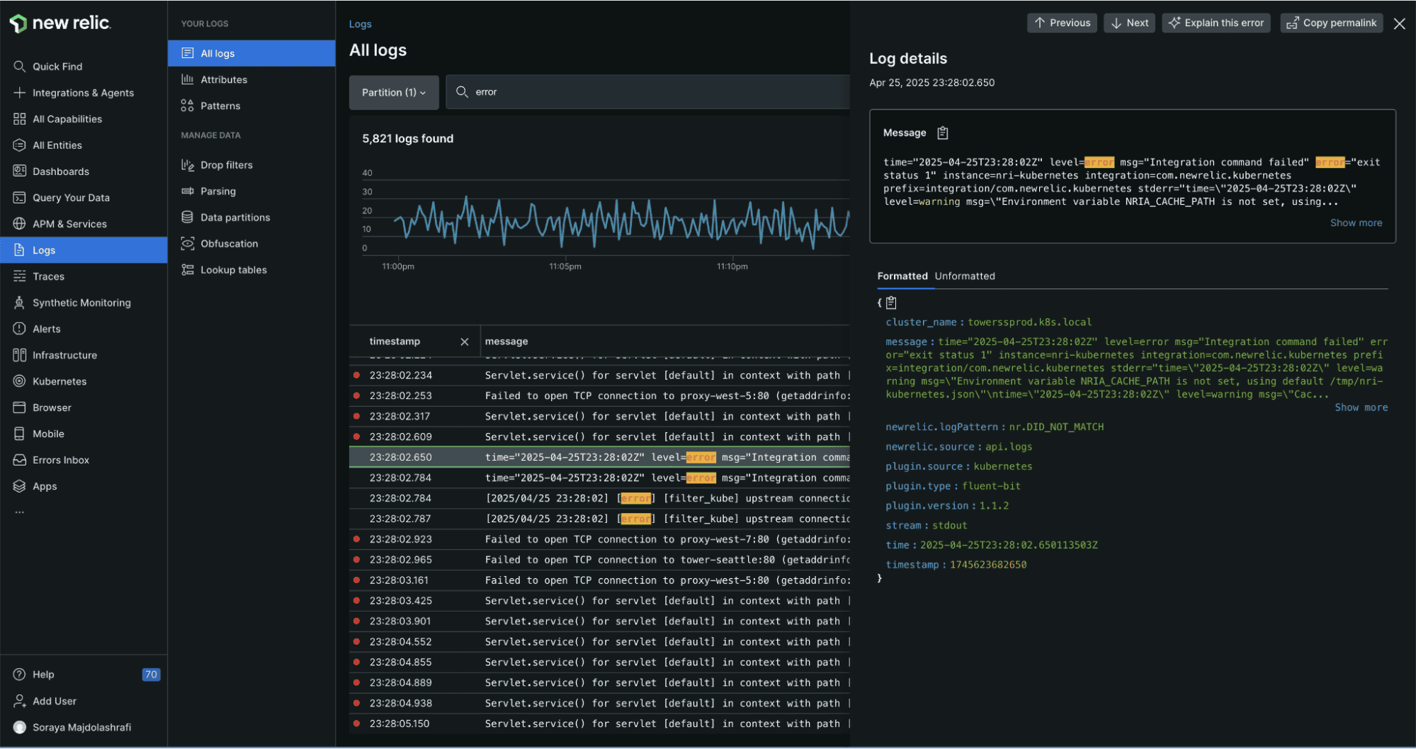 NewRelic for Log Monitoring : Log Explorer