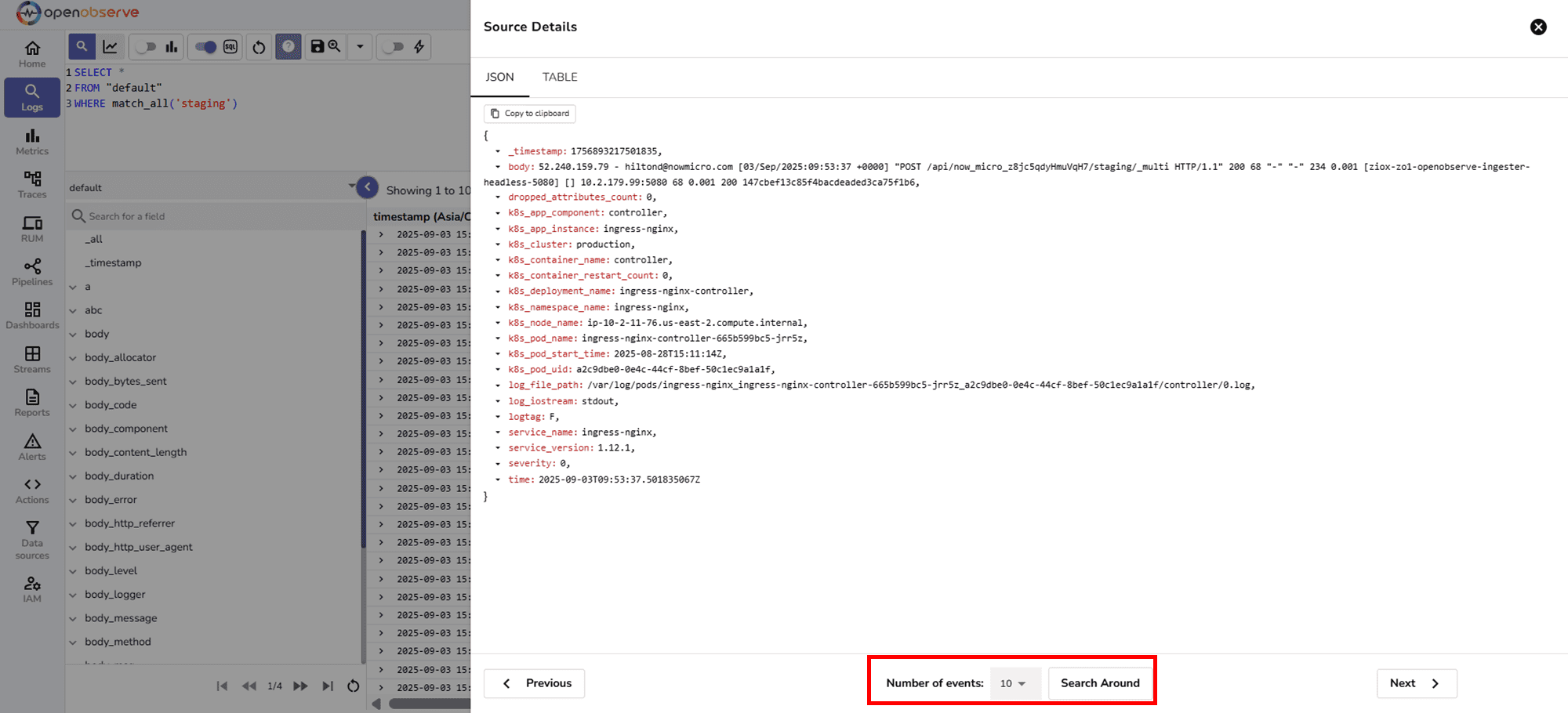 Search around logs feature in OpenObserve.png